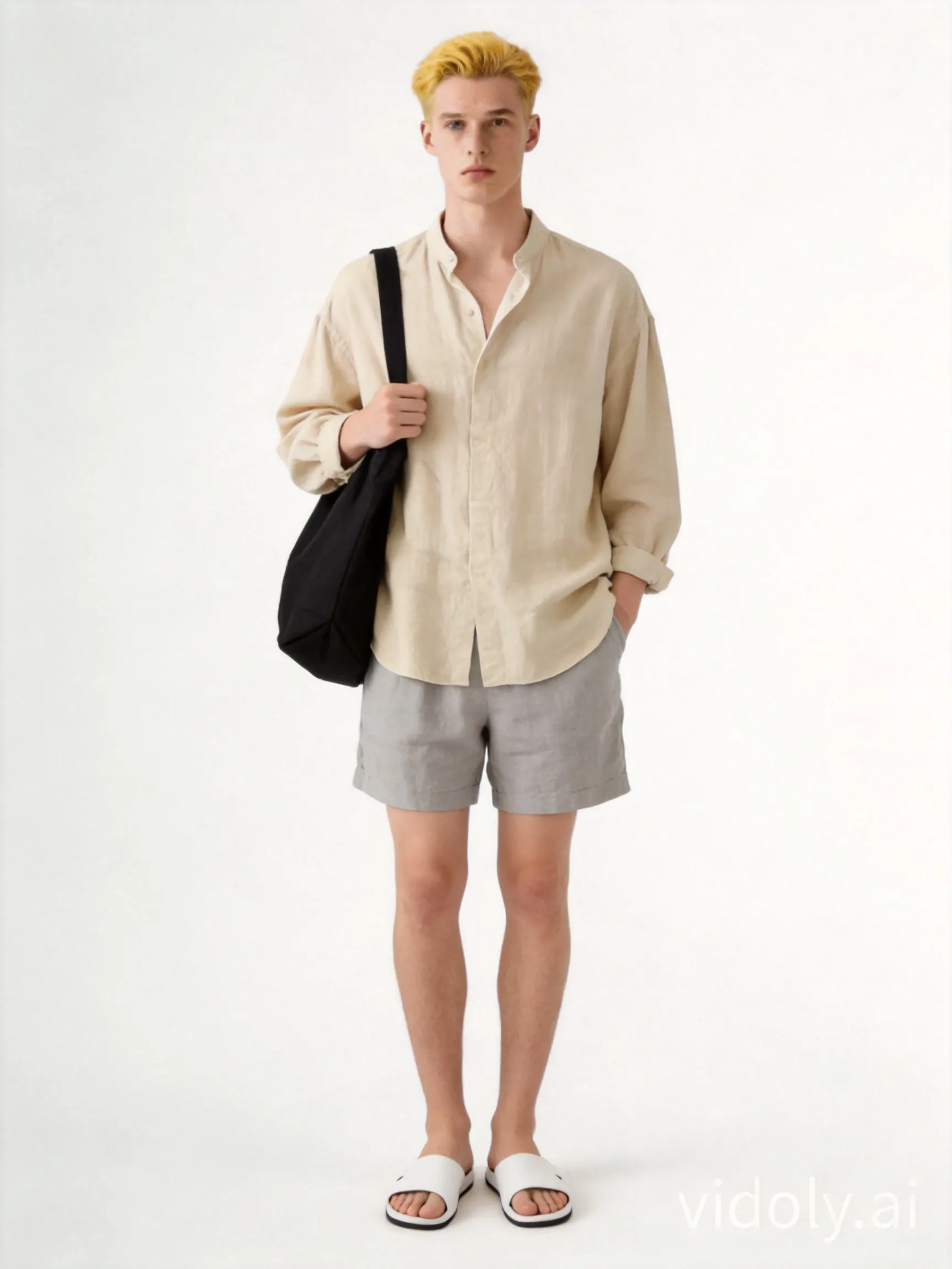 Full-body fashion photo of the identical female model, keeping same face, hair, body proportions, and pose. Men's style outfit worn as relaxed unisex style: she wears a loose-fit beige linen long-sleeve shirt (untucked) and light grey relaxed-fit shorts, paired with minimalist white slide sandals, carrying a black canvas tote bag. Soft diffused natural studio lighting, realistic linen creases, shot on a clean solid pure white background.