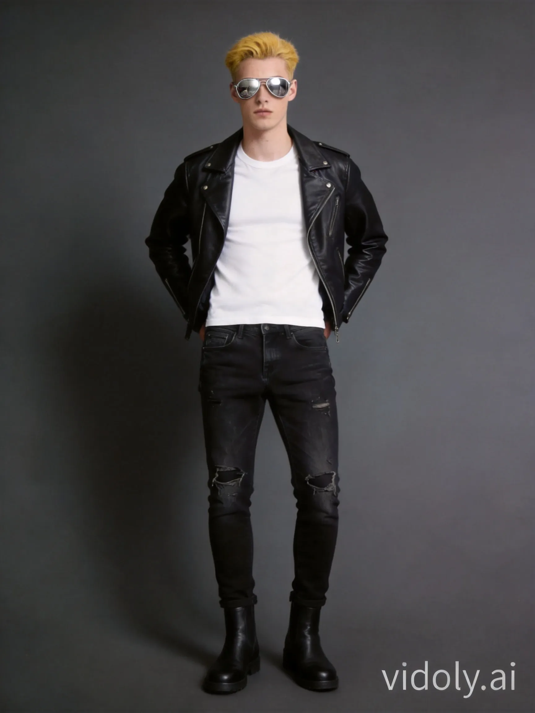 Full-body fashion photo of the identical female model, keeping same face, hair, body proportions, and pose. Men's style outfit worn as boyfriend-style: she wears a sleek black leather biker jacket unzipped over a plain white crewneck t-shirt, paired with distressed slim black jeans, black leather Chelsea boots, and silver aviator sunglasses. Realistic leather texture and denim folds, studio lighting, shot on a clean solid dark grey background.