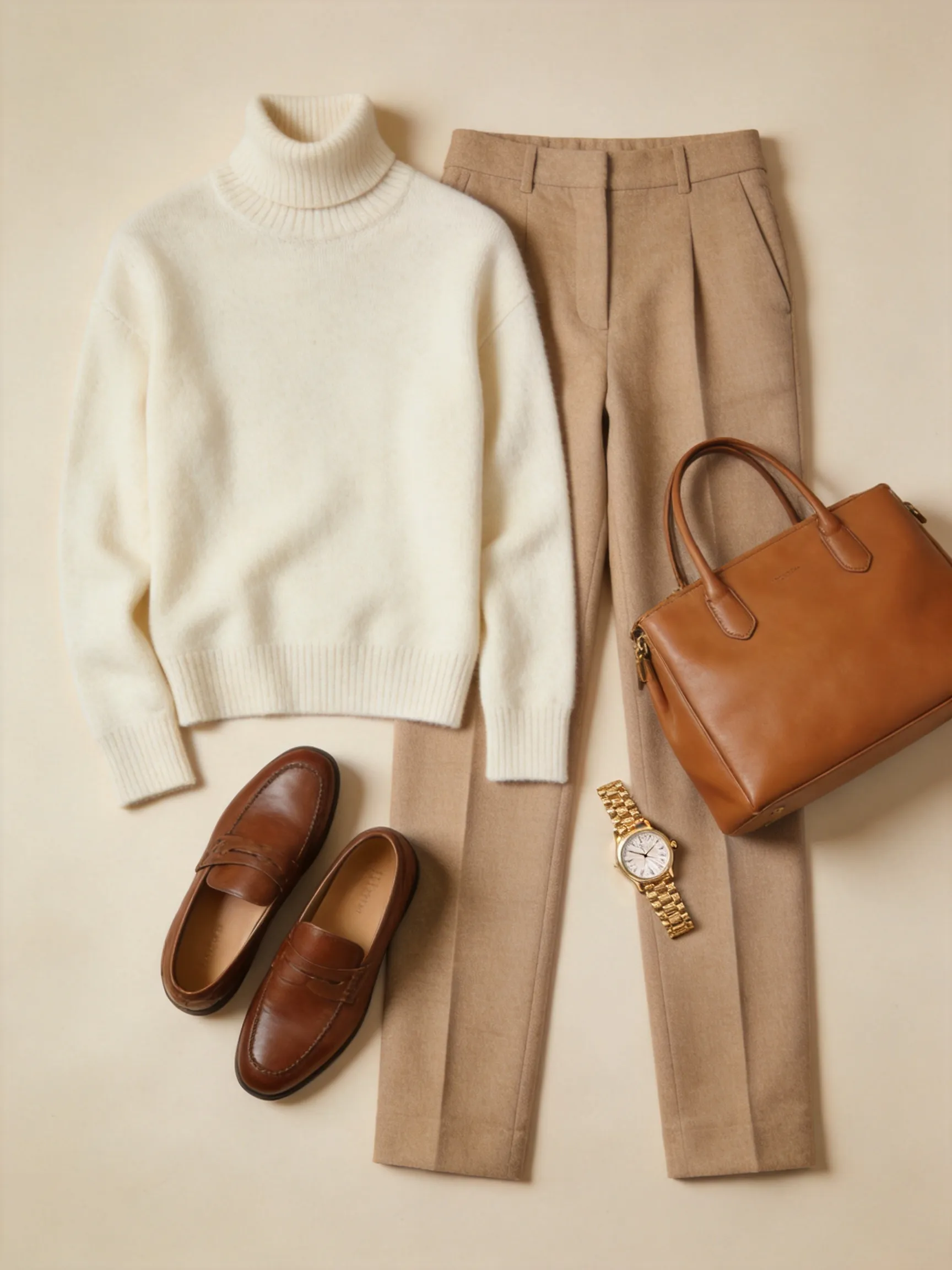 Flat lay luxury outfit, no human. A cream-colored cashmere turtleneck sweater and tailored beige wool trousers, both fully spread out and uncollapsed, paired with brown leather loafers, a classic tan leather handbag, and a luxury gold watch. Arranged neatly on a light beige background to show full garment shapes. Soft cinematic lighting.