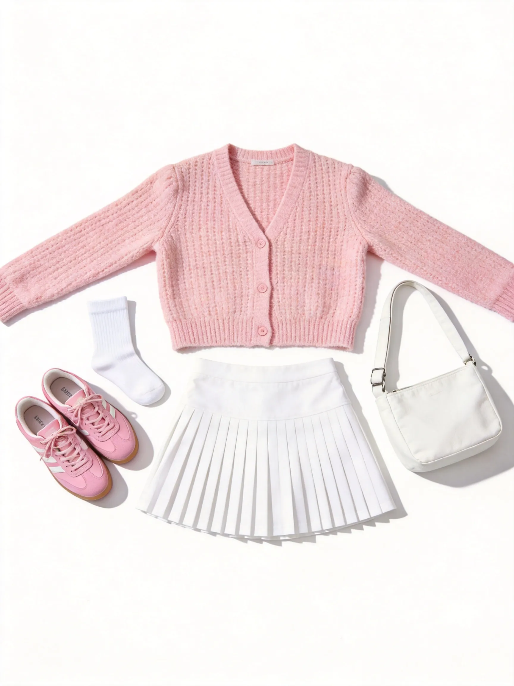 Flat lay outfit, no human. A pastel pink knit cardigan with sleeves spread wide and a white pleated tennis skirt fully laid flat out, paired with white crew socks, pink pastel sneakers, and a white canvas crossbody bag. Clean white background, bright playful lighting.
