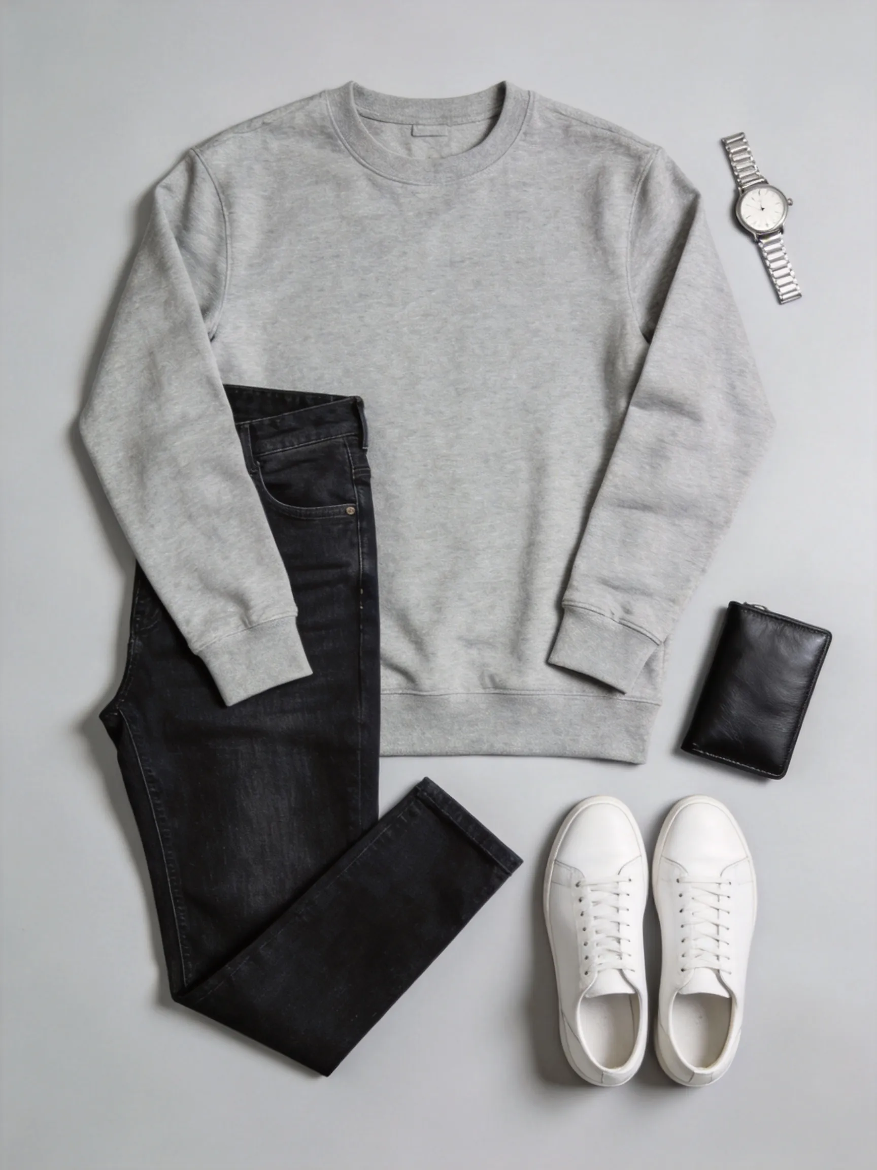 Flat lay mens outfit, no human. A heather grey crewneck sweatshirt and slim-fit dark wash jeans, both garments fully unfolded and spread out flat without any folds or overlaps. Styled with classic white leather sneakers, a black leather wallet, and a minimalist silver watch. Neatly arranged on a light grey background, crisp top-down shot.
