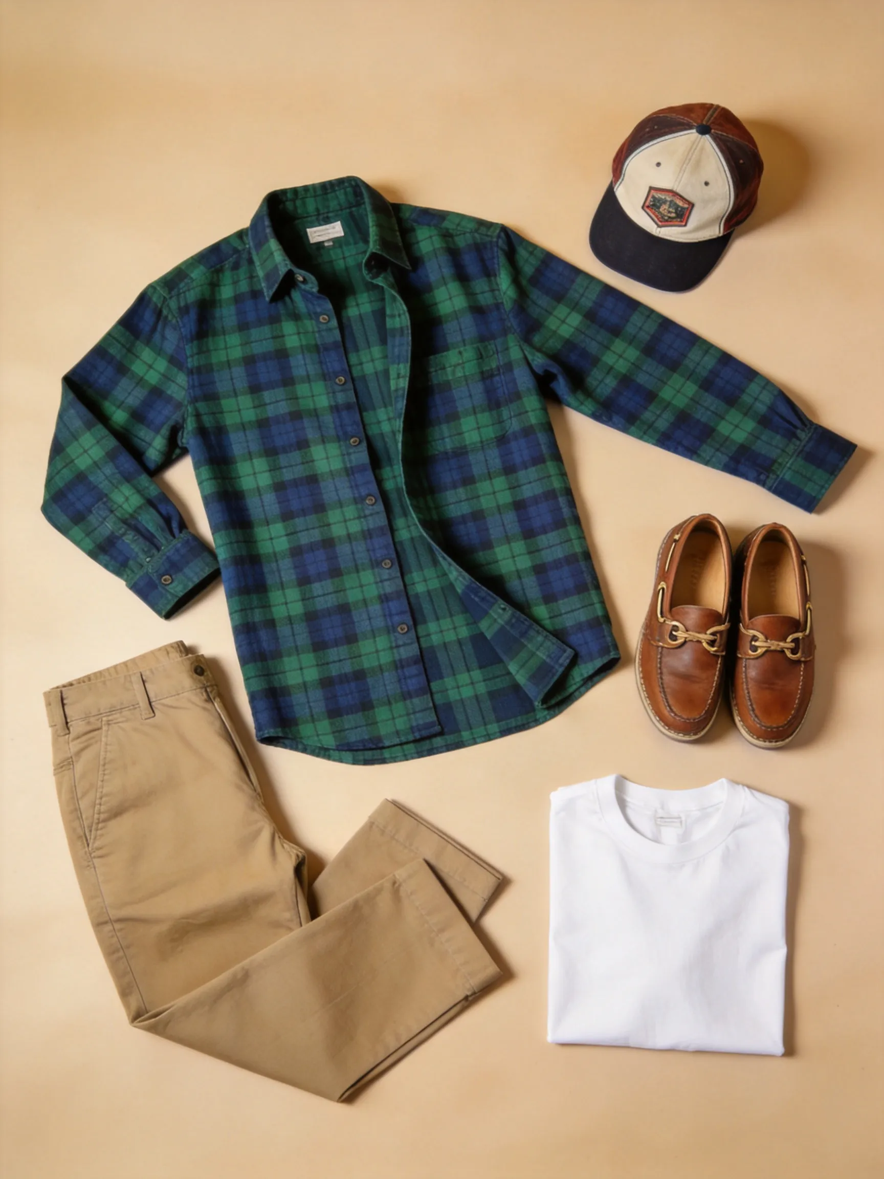 Flat lay mens outfit, no human. A green and blue plaid flannel button-down shirt and khaki chino pants, fully unfolded, unbuttoned, and spread out wide flat on the surface. Paired with a white t-shirt, brown leather boat shoes, and a retro baseball cap. Clean solid warm beige background, warm studio lighting.