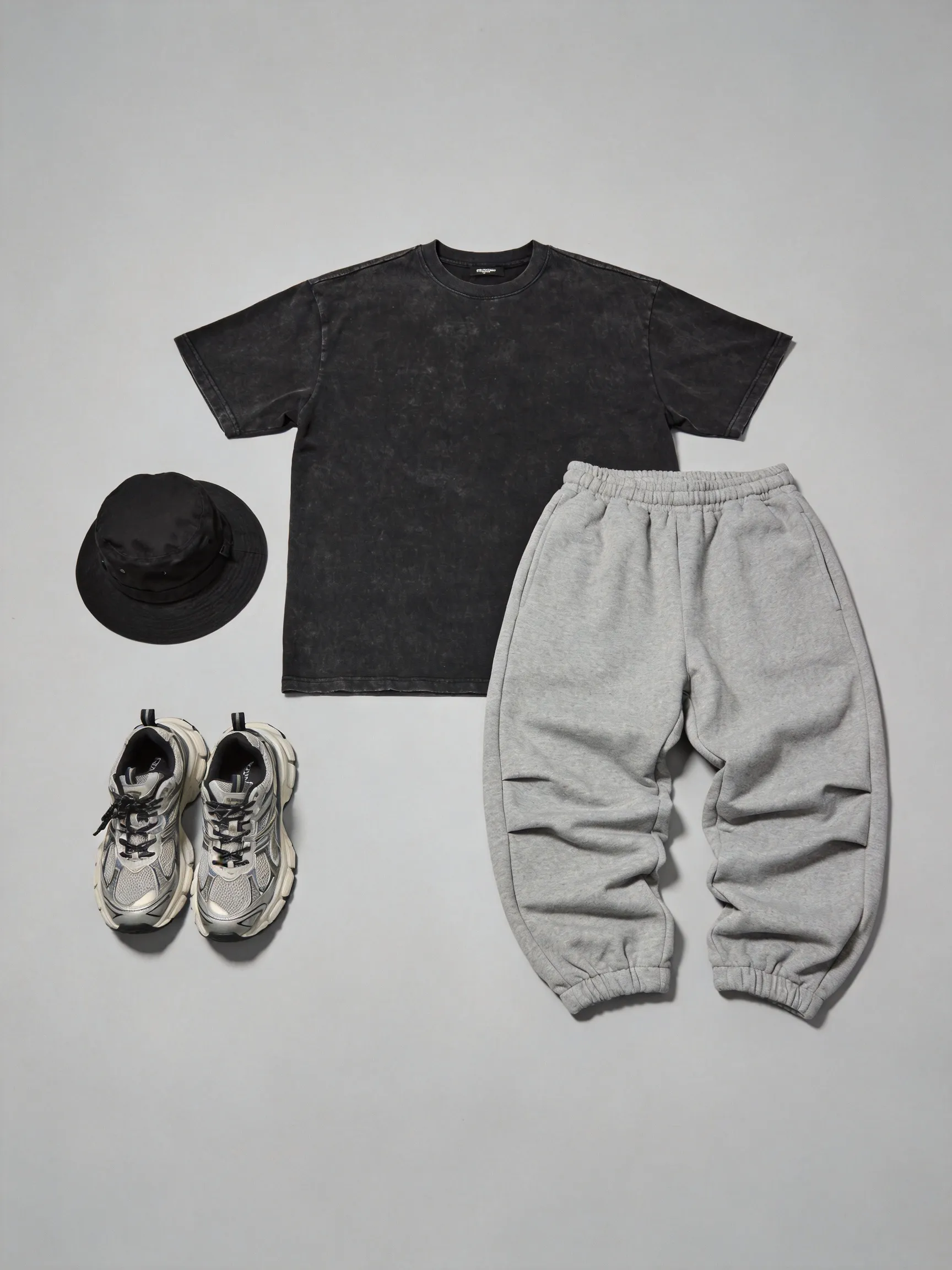 Flat lay mens apparel, no human. An oversized drop-shoulder washed black t-shirt and grey stacked sweatpants, both items fully laid flat and spread out wide to showcase the baggy shape. Paired with chunky designer retro sneakers and a black bucket hat. Arranged neatly on a clean solid neutral grey background, studio lighting.