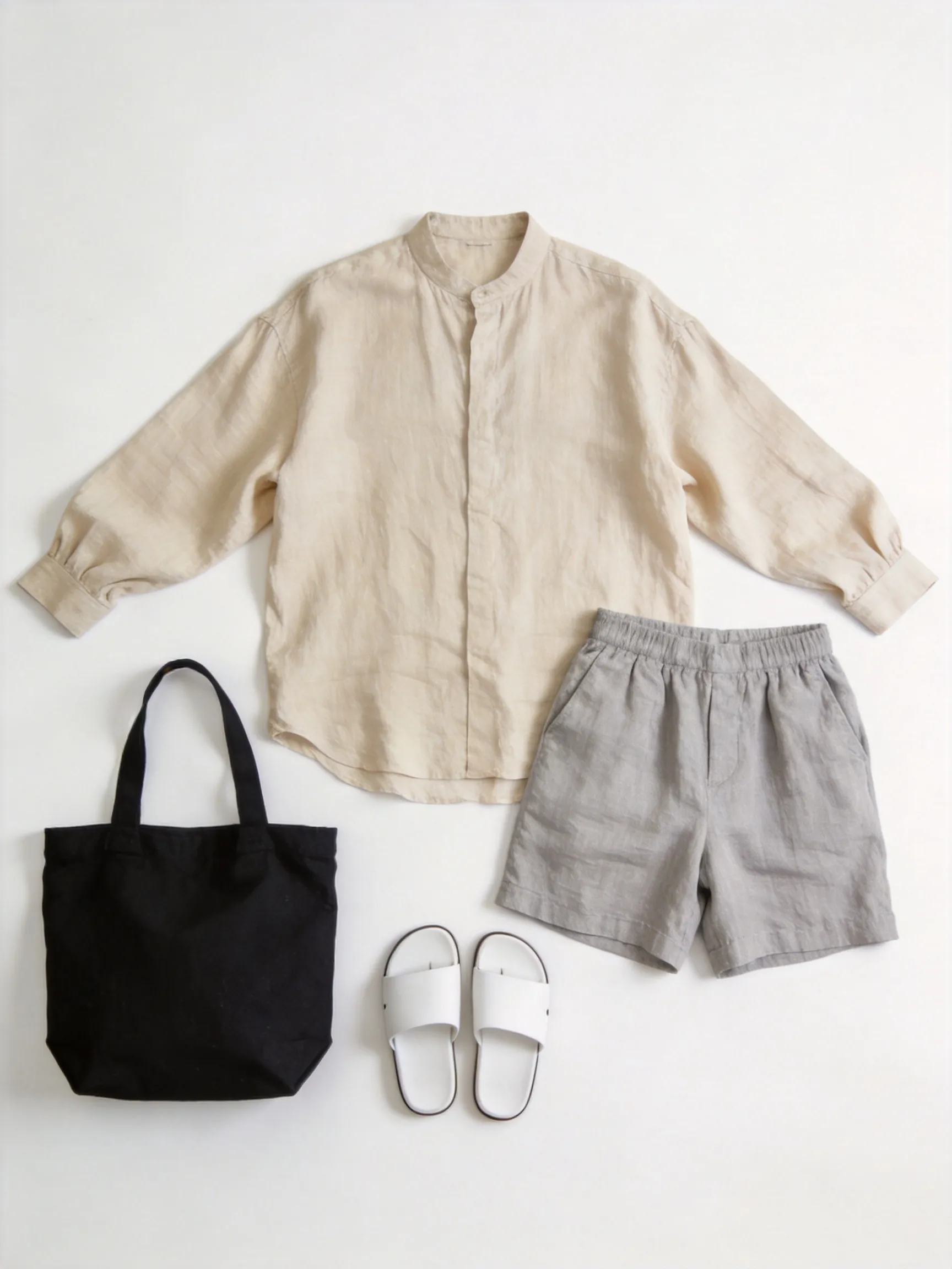 Flat lay mens clothing, no human. A loose-fit beige linen long-sleeve shirt and light grey relaxed-fit shorts, completely spread out wide and flat showing the full loose silhouette. With minimalist white slide sandals and a black canvas tote bag. Clean solid pure white background, soft diffused natural studio lighting.
