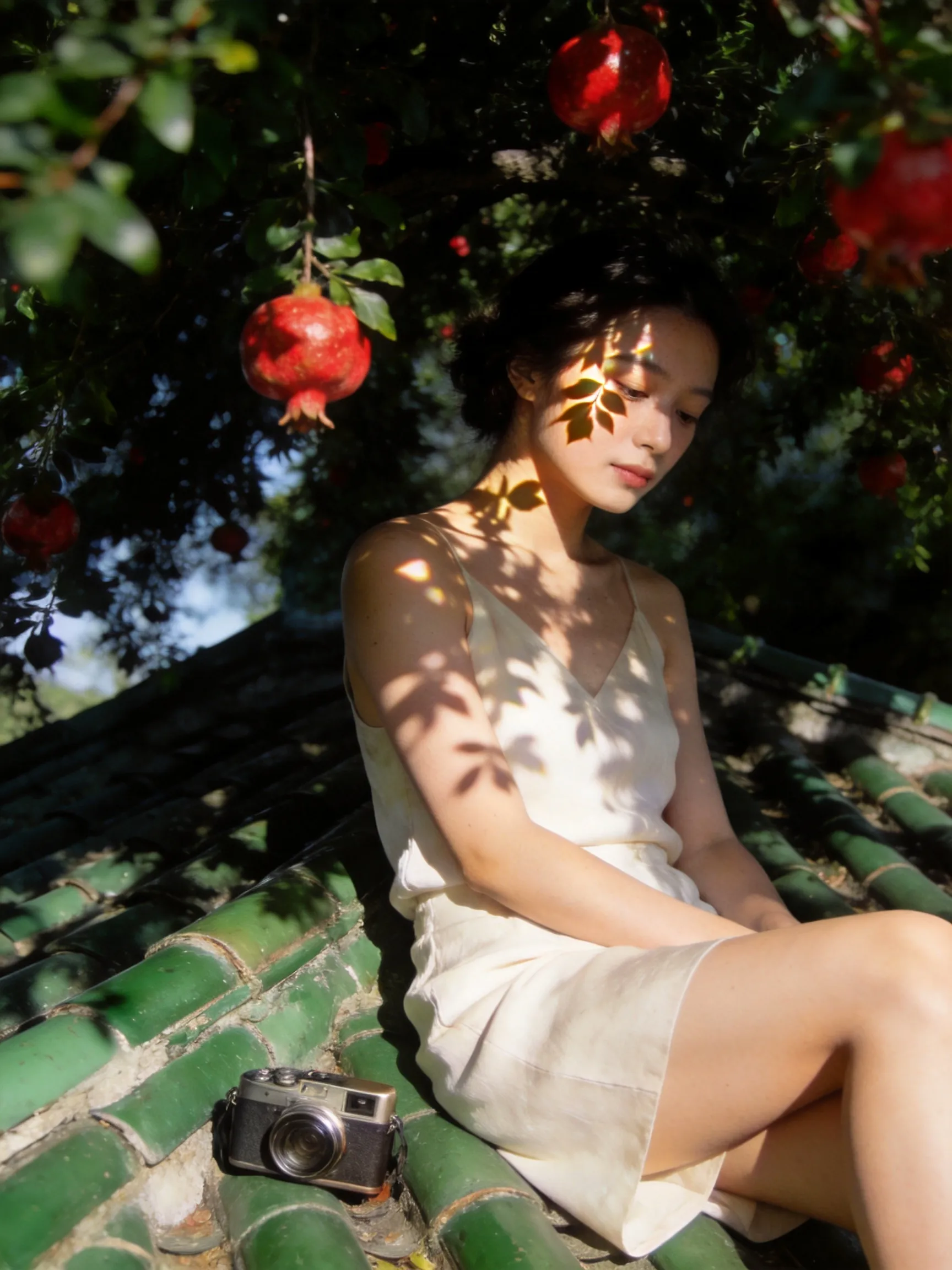 Use the uploaded portrait only as the identity reference.Preserve the person’s real facial features,face shape,skin tone,and recognizable hairstyle.Do not copy the original outfit,background,pose,lighting,or image quality from the uploaded portrait.Create a realistic cinematic portrait of the same person sitting quietly on an old green-tiled rooftop under dense tree shadows.The person is relaxed,looking slightly downward with a soft calm expression.Surround the scene with dark green foliage,hanging red pomegranate fruits,scattered sunlight,and natural leaf-shaped shadows across the face,body,and roof tiles.Add a vintage handheld camera placed casually nearby as a storytelling detail.Choose an outfit that best matches the person’s appearance and personality,different from the scene inspiration: natural,clean,elegant,lightweight,and suitable for a dreamy outdoor summer portrait.Keep the styling tasteful and realistic.Low-angle composition,full-body or three-quarter body framing,cinematic natural light,strong contrast between deep shadow and bright sun patches,soft film grain,subtle lens flare,dreamy atmosphere,realistic skin texture,natural body proportions,authentic photography,shallow depth of field,poetic summer mood,high-detail editorial photo,no text,no logo,no watermark.Negative Prompt： watermark,logo,text,Chinese characters,AI-generated mark,over-smoothed skin,plastic skin,fake face,anime style,cartoon style,3D render,doll-like face,distorted body,bad anatomy,extra fingers,missing fingers,deformed hands,deformed feet,unnatural legs,awkward pose,blurry face,low resolution,harsh filter,over-sharpened,messy composition,duplicated person,wrong identity,copied outfit from input portrait,copied background from input portrait.