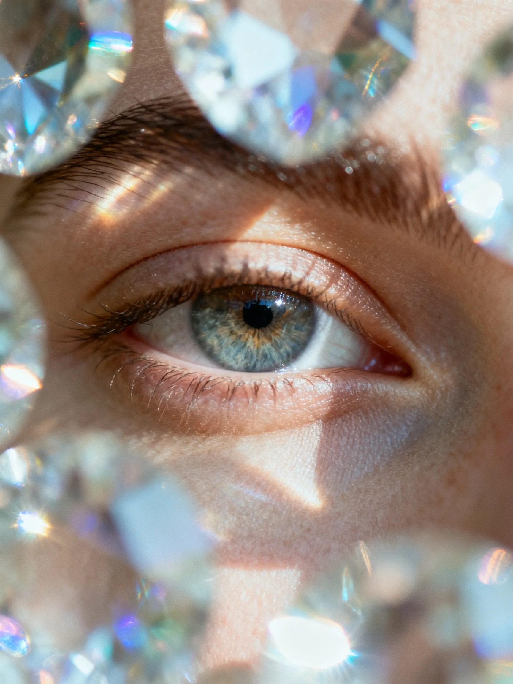Creating a magical but believable atmosphere.Everything feels like a dream — surreal but grounded,magical but tactile.The focus is razor-sharp on the eye,with the surrounding areas falling into a gentle blur.Lighting: Natural directional light refracted through real glass or crystal.Camera: 85mm prime lens,aperture f/1.4,real film emulation: CineStill 800T with slight halation and analog softness.