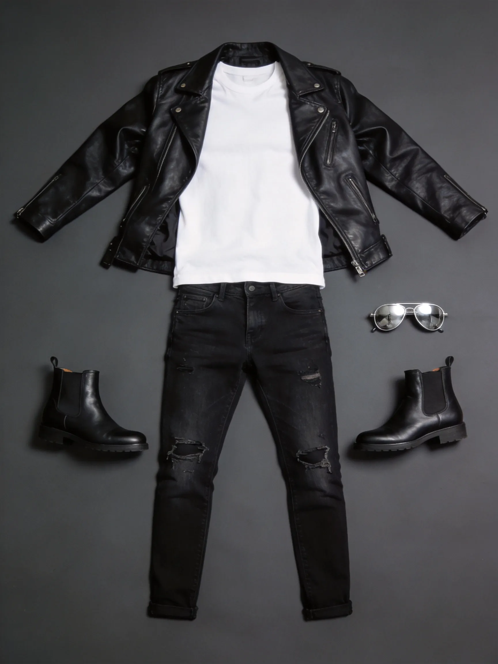 Flat lay mens fashion, no human. A sleek black leather biker jacket with sleeves spread wide open, a plain white crewneck t-shirt, and distressed slim black jeans fully spread out flat from waist to hem. With black leather Chelsea boots and silver aviator sunglasses. Symmetrical layout on a clean solid dark grey background, studio lighting.