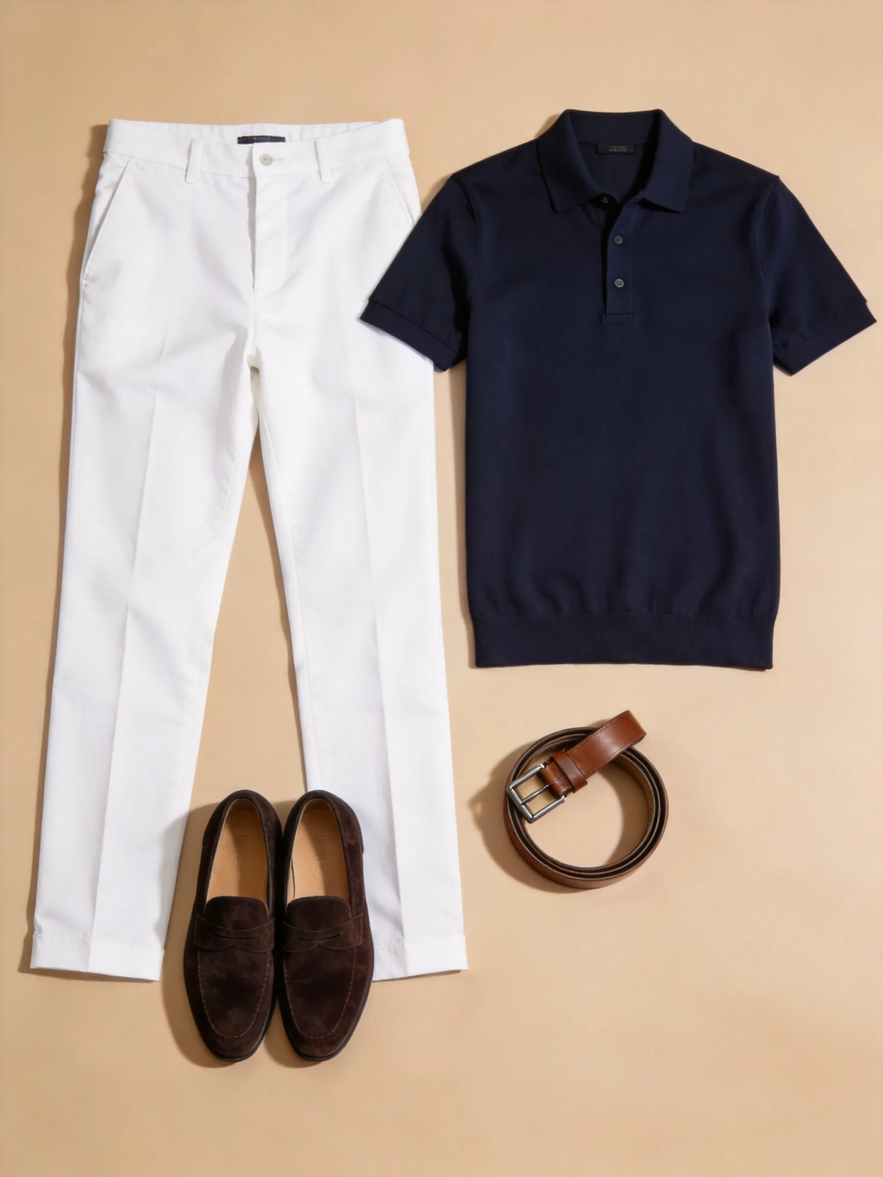 - Flat lay mens luxury wear, no human. A mens navy blue merino wool polo shirt and tailored mens white chino trousers, both completely unfolded and spread out flat to display full length and straight cut. Paired with dark brown suede loafers and a brown leather belt. Clean solid warm beige background, rich studio lighting.