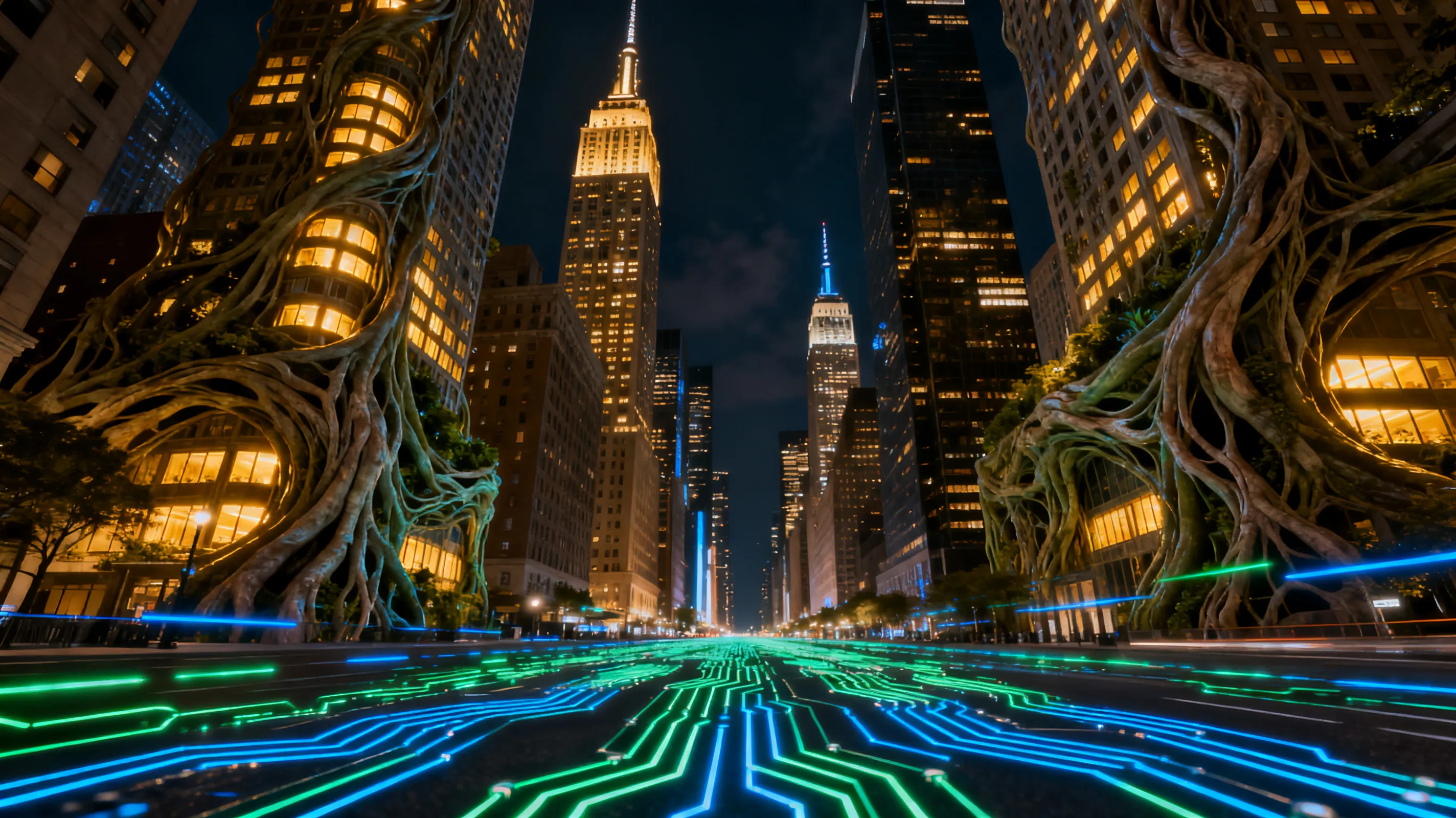 Manhattan skyscrapers transforming into organic living structures, glowing windows, streets like circuit boards, cinematic night, bold editorial style