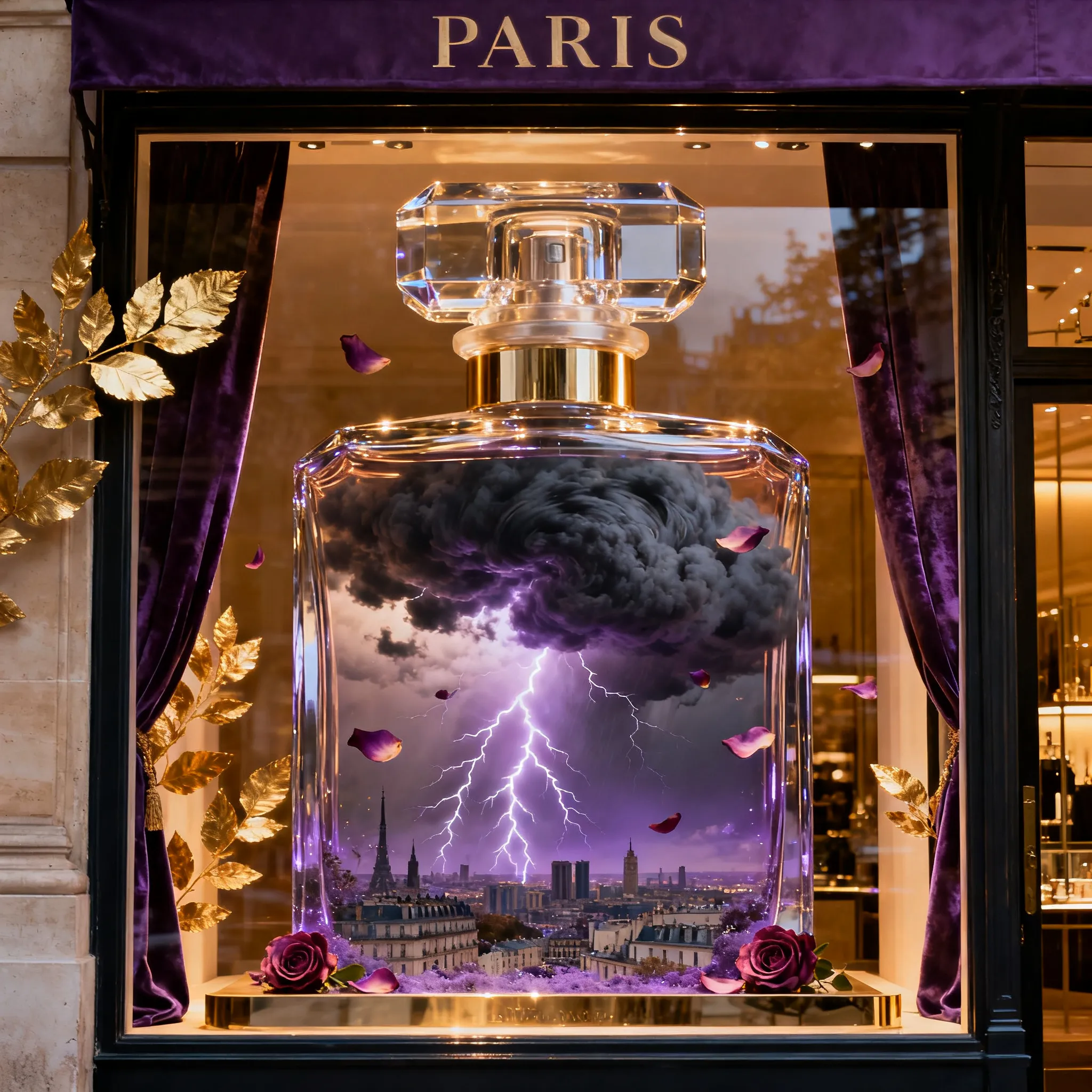 luxury Paris boutique window, giant perfume bottle containing a miniature storm, lightning, clouds, rose petals, elegant surreal product photography