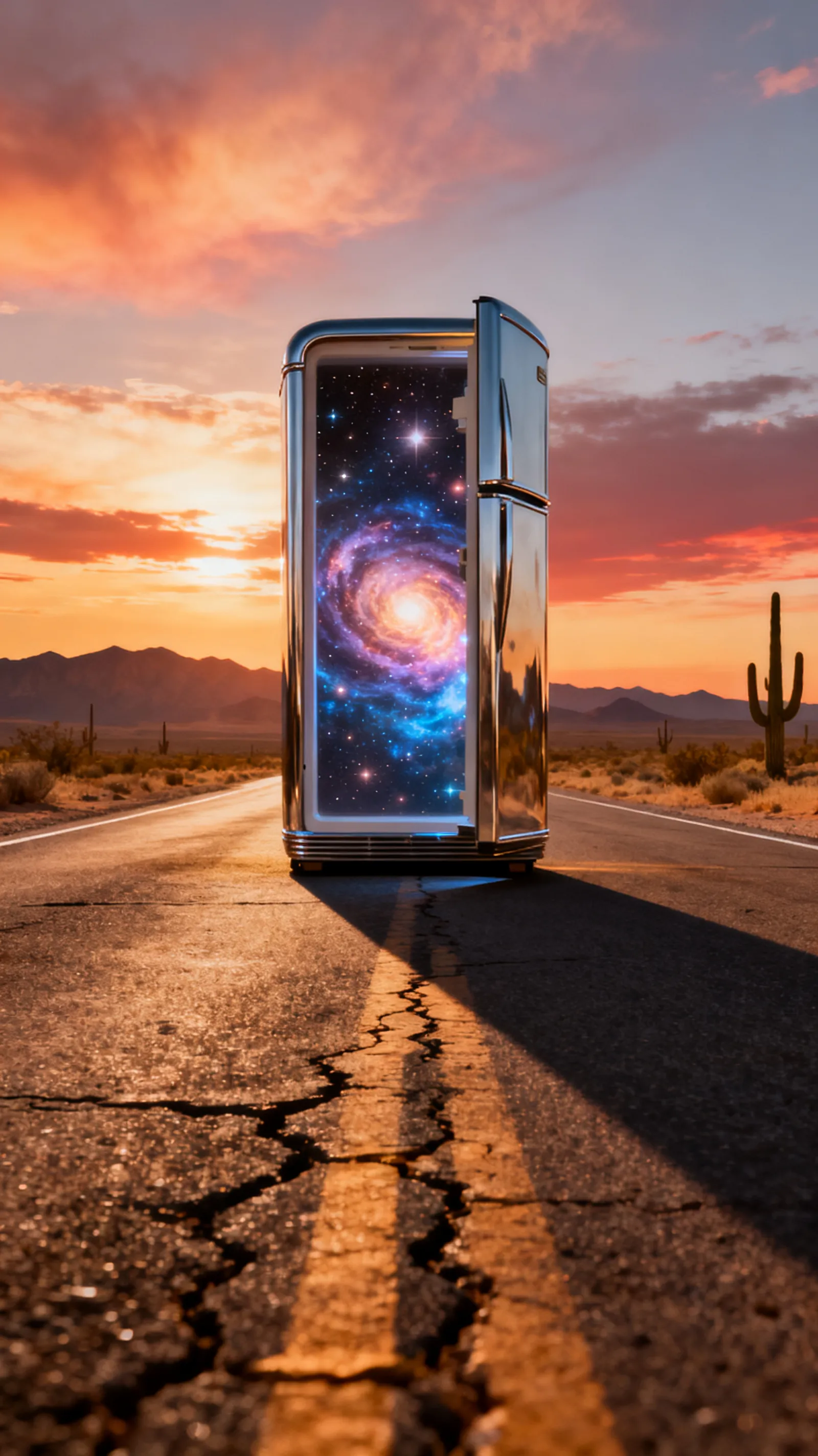 giant vintage refrigerator at the end of an empty American desert highway, door slightly open revealing cosmic starlight, surreal cinematic advertising