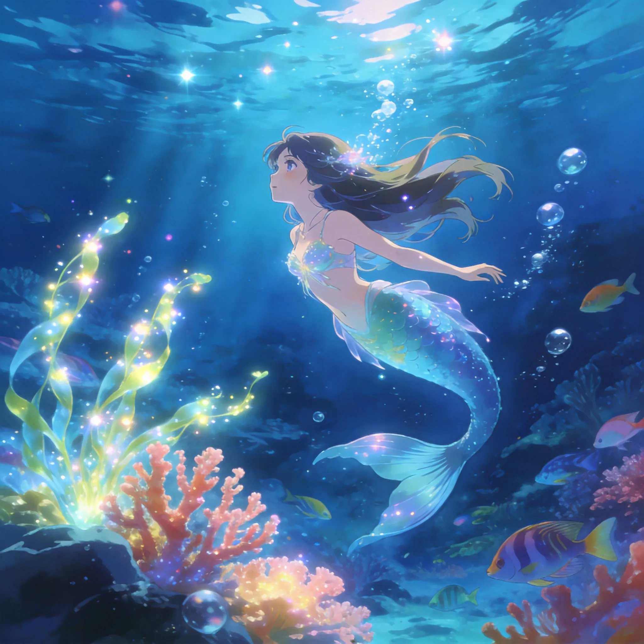 A breathtaking anime-style deep-sea fantasy world, a beautiful mermaid princess gracefully swimming among glowing coral reefs and tropical fish, luminous underwater plants, magical blue lighting, sparkling bubbles drifting through the ocean, cinematic anime composition, highly detailed character design, flowing hair and elegant tail movement, dreamy fantasy atmosphere, vibrant ocean colors, Studio Ghibli and Makoto Shinkai inspired aesthetic, ultra detailed anime background art, soft glowing effects, emotional storytelling scene, 8K anime illustration