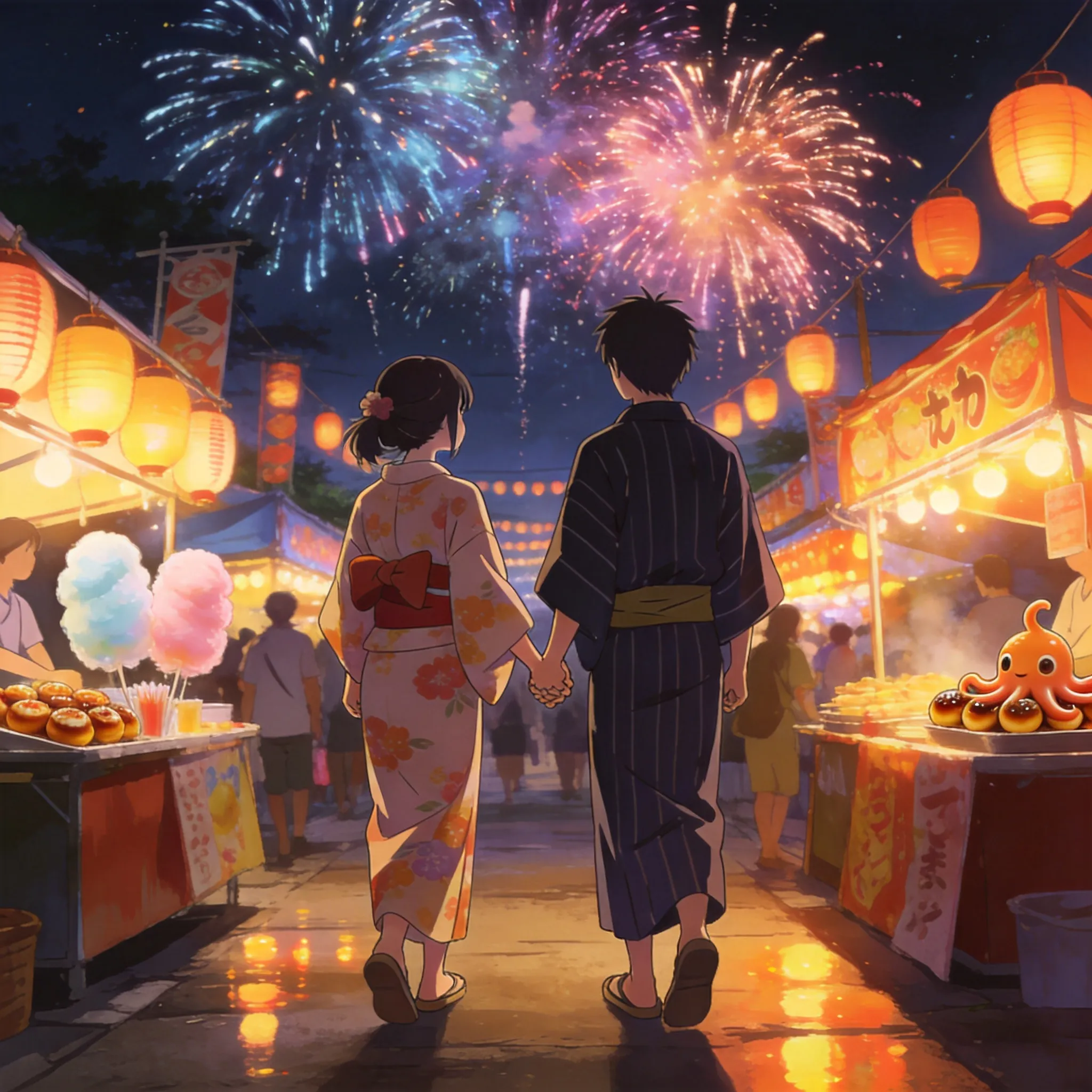 A lively Japanese summer festival at night, colorful fireworks exploding across the sky, a young anime couple wearing traditional yukata holding hands while walking through glowing food stalls, lantern lights reflecting on the street, bustling festival atmosphere, cotton candy and takoyaki stands, warm romantic mood, cinematic anime lighting, detailed festival decorations, vibrant colors, Makoto Shinkai inspired background art, emotional slice-of-life anime aesthetic, ultra detailed anime illustration, 8K