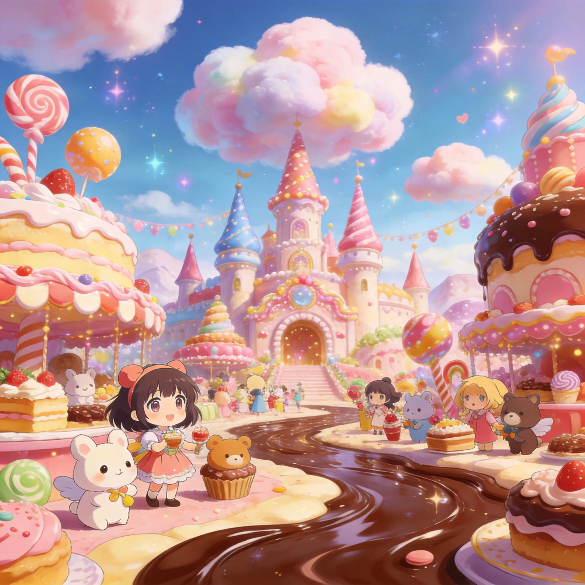 A whimsical anime-style candy kingdom filled with colorful desserts and giant sweets, adorable animal residents celebrating a magical dessert carnival, candy castles, chocolate rivers, cotton candy clouds, cheerful fantasy atmosphere, kawaii anime character designs, pastel color palette, vibrant magical lighting, detailed fantasy world-building, Studio Ghibli inspired charm, ultra detailed anime background illustration, joyful fairytale aesthetic, dreamy storytelling composition, 8K