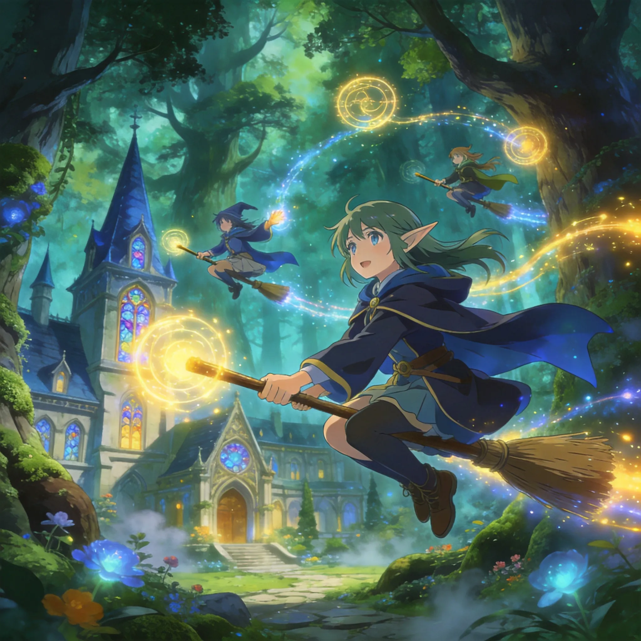 An enchanting elf academy hidden inside a magical forest, anime-style students riding flying brooms during an aerial magic lesson, glowing spell circles floating in the air, giant ancient trees surrounding the campus, fantasy academy architecture, cinematic magical atmosphere, detailed anime character designs, flowing cloaks and glowing magic effects, vibrant fantasy lighting, highly detailed anime environment art, Studio Ghibli and fantasy JRPG inspired aesthetic, ultra detailed illustration, 8K