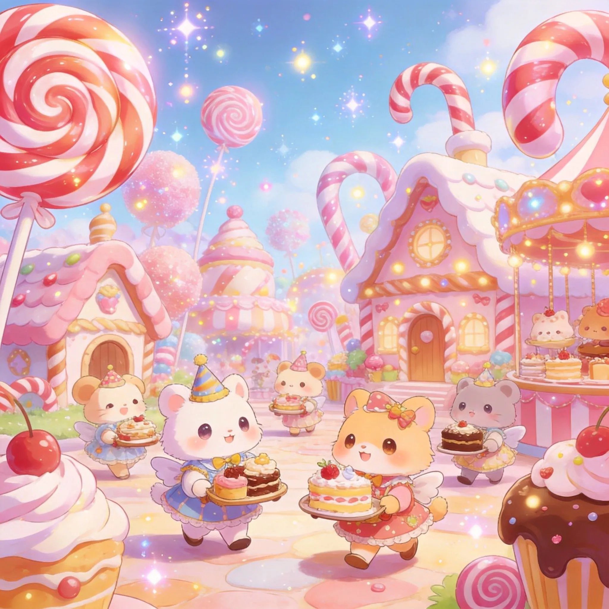A dreamy anime-style candy carnival inside a magical fairytale kingdom, cute animal residents wearing tiny festival costumes while carrying cakes and desserts, giant lollipops and candy houses everywhere, sparkling magical lights, cheerful fantasy atmosphere, pastel anime color palette, kawaii character expressions, highly detailed anime environment art, soft glowing effects, whimsical storytelling composition, charming Japanese anime illustration style, ultra detailed fantasy world, 8K