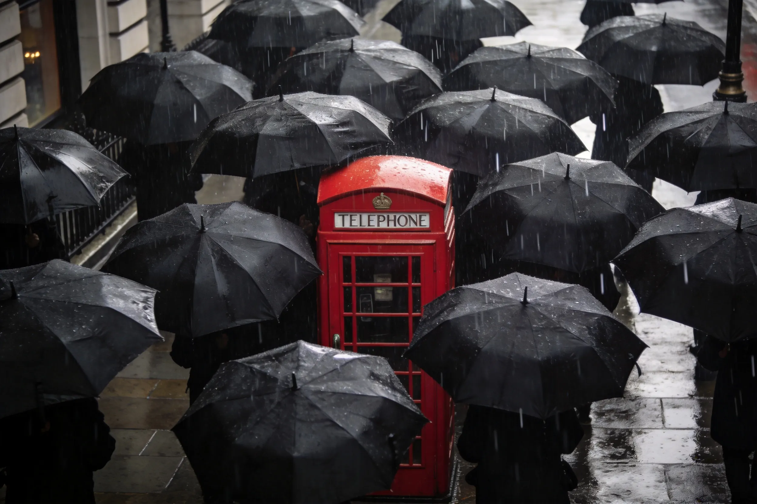 London street transformed into a forest of black umbrellas, red phone booth partially hidden, rainy atmosphere, surreal witty advertising image