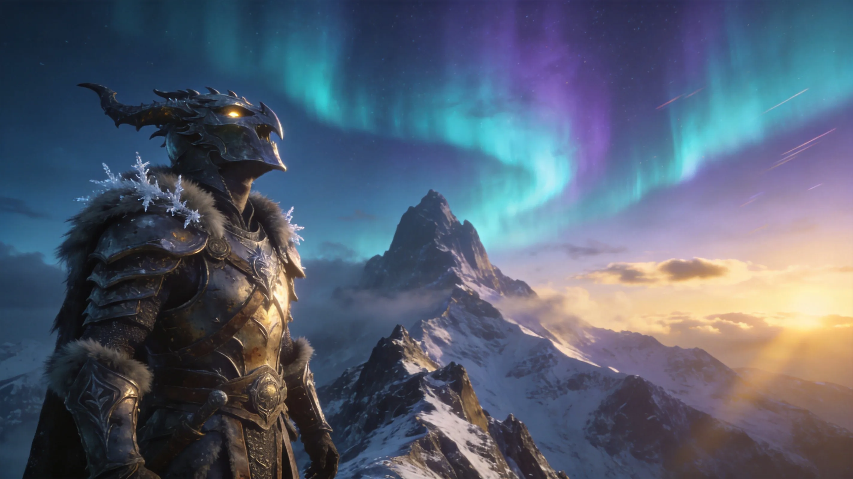 Dragonborn in ancient Nordic armor standing on a mountain peak at dawn, Throat of the World in background, aurora borealis in sky, cinematic lighting, photorealistic, Elder Scrolls V: Skyrim art style