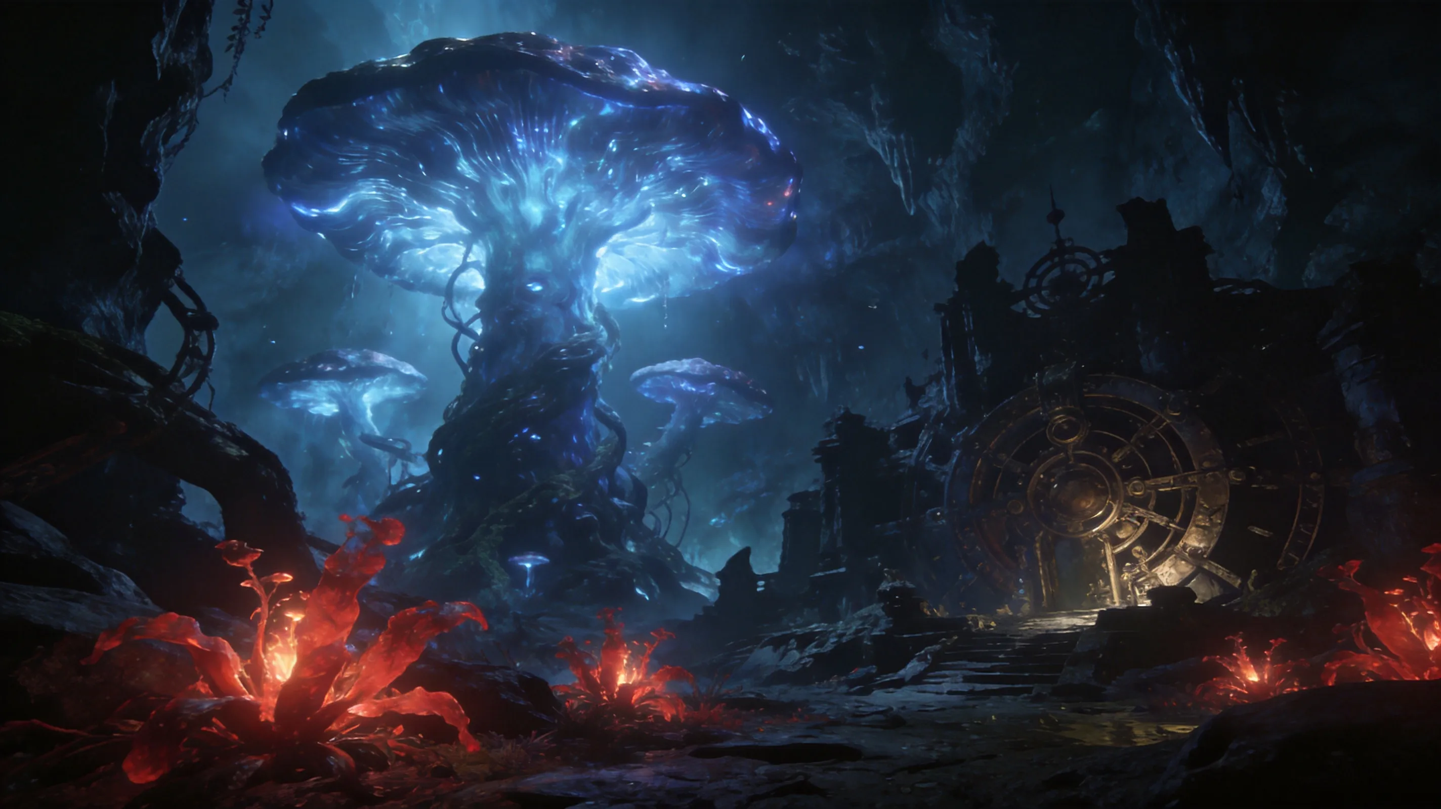 Massive bioluminescent mushrooms in Blackreach, glowing crimson nirnroot plants in foreground, ancient Dwemer ruins in shadows, ethereal blue ambient light, deep cavern atmosphere, fantasy concept art, Elder Scrolls aesthetic