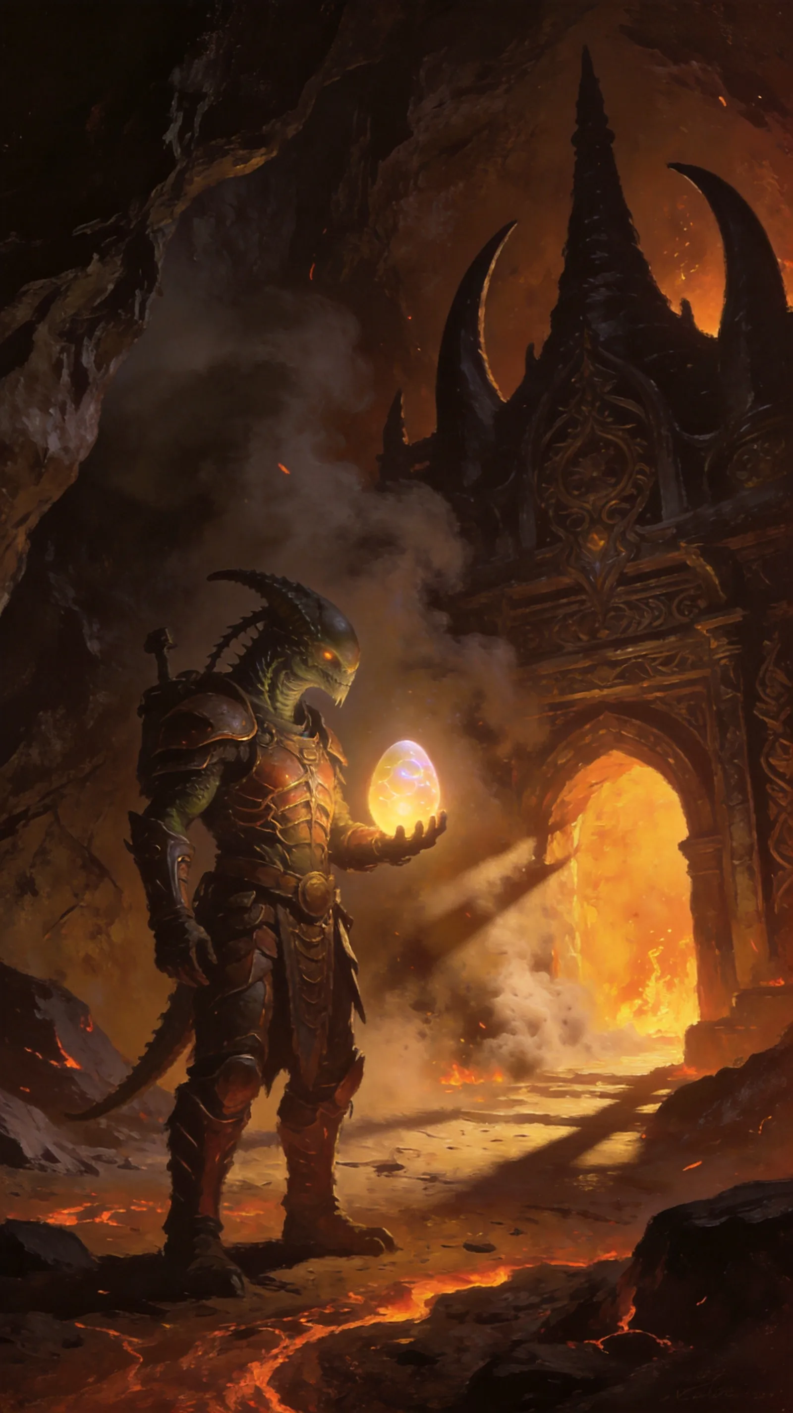 Argonian egg-miner in Morrowind wearing chitin armor, holding a glowing kwama egg, dim volcanic ash storm through cave entrance, dark elf architecture in background, dramatic shadow play, oil painting texture