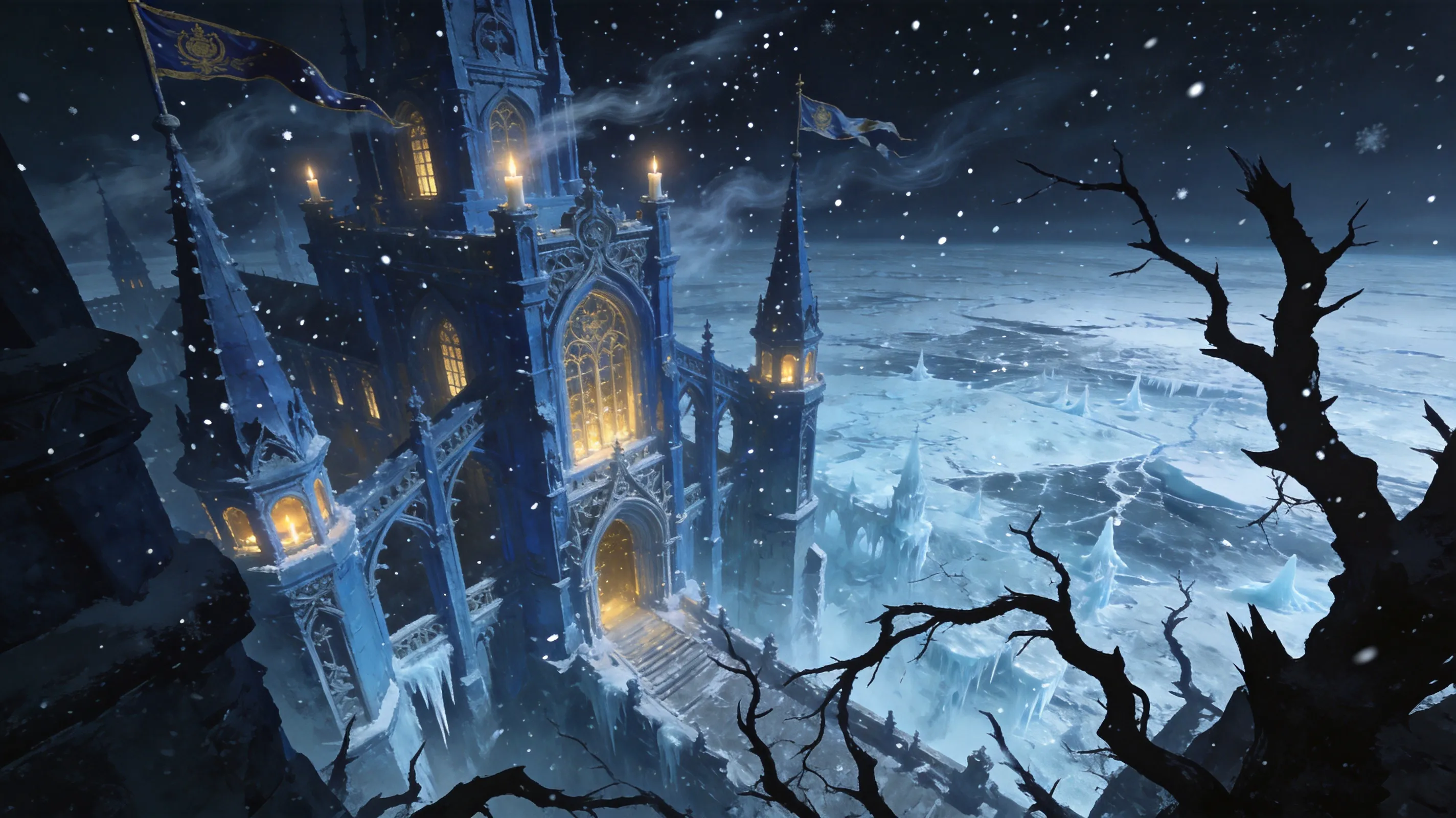 Blue Palace of Solitude at midnight, bone-chilling wind effect, imperial banners fluttering, Sea of Ghosts frozen in distance, dead tree silhouettes in foreground, gothic fantasy illustration, warm candlelight from windows contrasting cold blue night