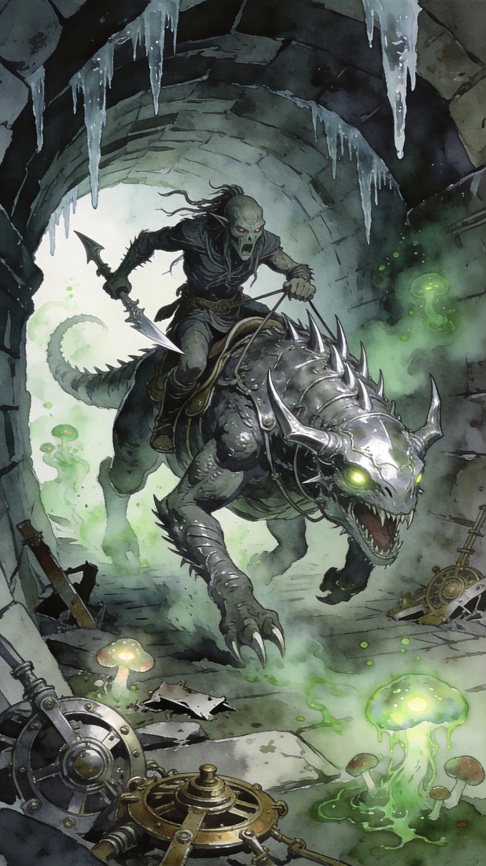 Falmer shaman riding a giant chaurus in a Dwarven ruin tunnel, dripping icicles from ceiling, broken Dwemer mechanisms scattered, glowing fungal pods, dynamic action pose, dark fantasy, eerie green poison mist, detailed line art with watercolor wash