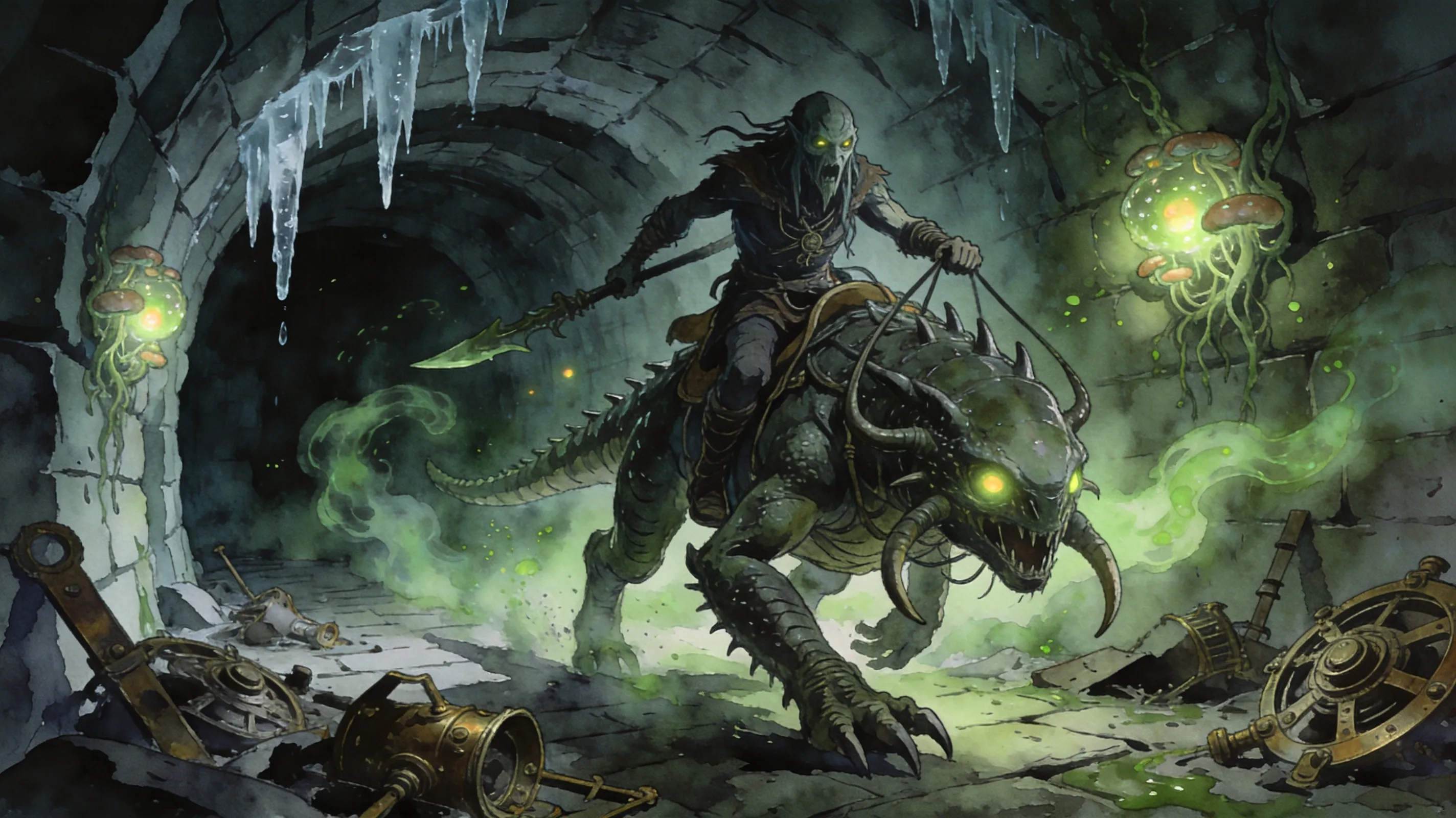 Falmer shaman riding a giant chaurus in a Dwarven ruin tunnel, dripping icicles from ceiling, broken Dwemer mechanisms scattered, glowing fungal pods, dynamic action pose, dark fantasy, eerie green poison mist, detailed line art with watercolor wash