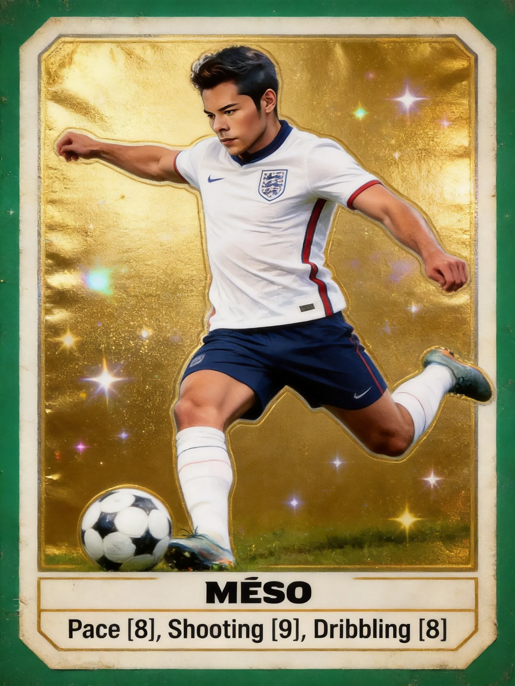 A cinematic, retro football trading card for [Meso], wearing the [England] national team jersey. The photo of the face is in the style of a classic Panini sticker, hyper-detailed skin texture, intense gaze. Action pose kicking a ball, golden foil background with holographic star dust. Card includes fake stats: Pace [8], Shooting [9], Dribbling [8]. Layout includes a vintage green border, slightly worn edges, 35mm film grain, 8k resolution
