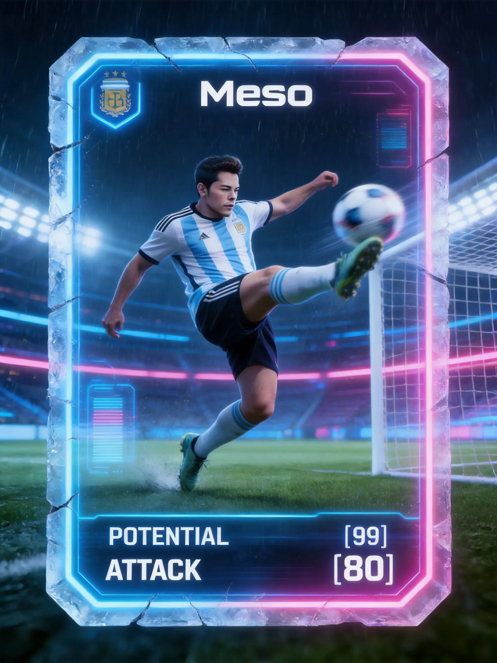 A modern esports football card for [Meso], dynamic action shot scoring a bicycle kick goal. Wearing [argentina] jersey, heavy rain in a futuristic cyberpunk stadium. Neon blue and pink rim lighting, motion blur on the ball. UI overlay with “POTENTIAL [99]” and “ATTACK [80]”. Card frame is made of cracked ice and transparent LED screens, volumetric lighting, unreal engine 5 render