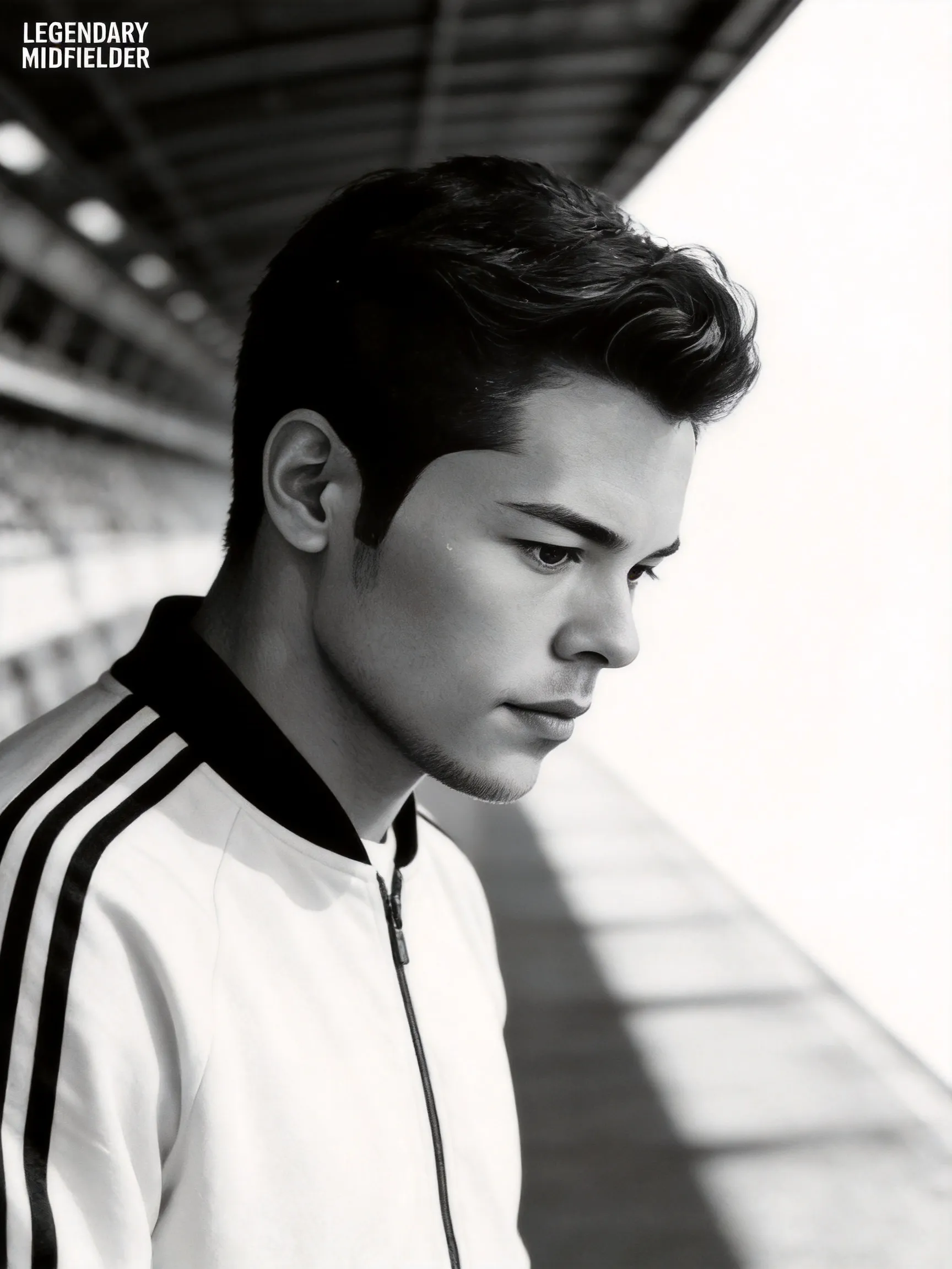 A minimalist art photography style football card of [Meso]. Black and white, high contrast portrait, serious expression looking down. Wearing a simple [Germany] tracksuit. The background is a blurred empty stadium tunnel. Typography is sans-serif small text in the corner: “LEGENDARY MIDFIELDER”. The right side is pure negative space. Analog film aesthetic, deep shadows, 8k