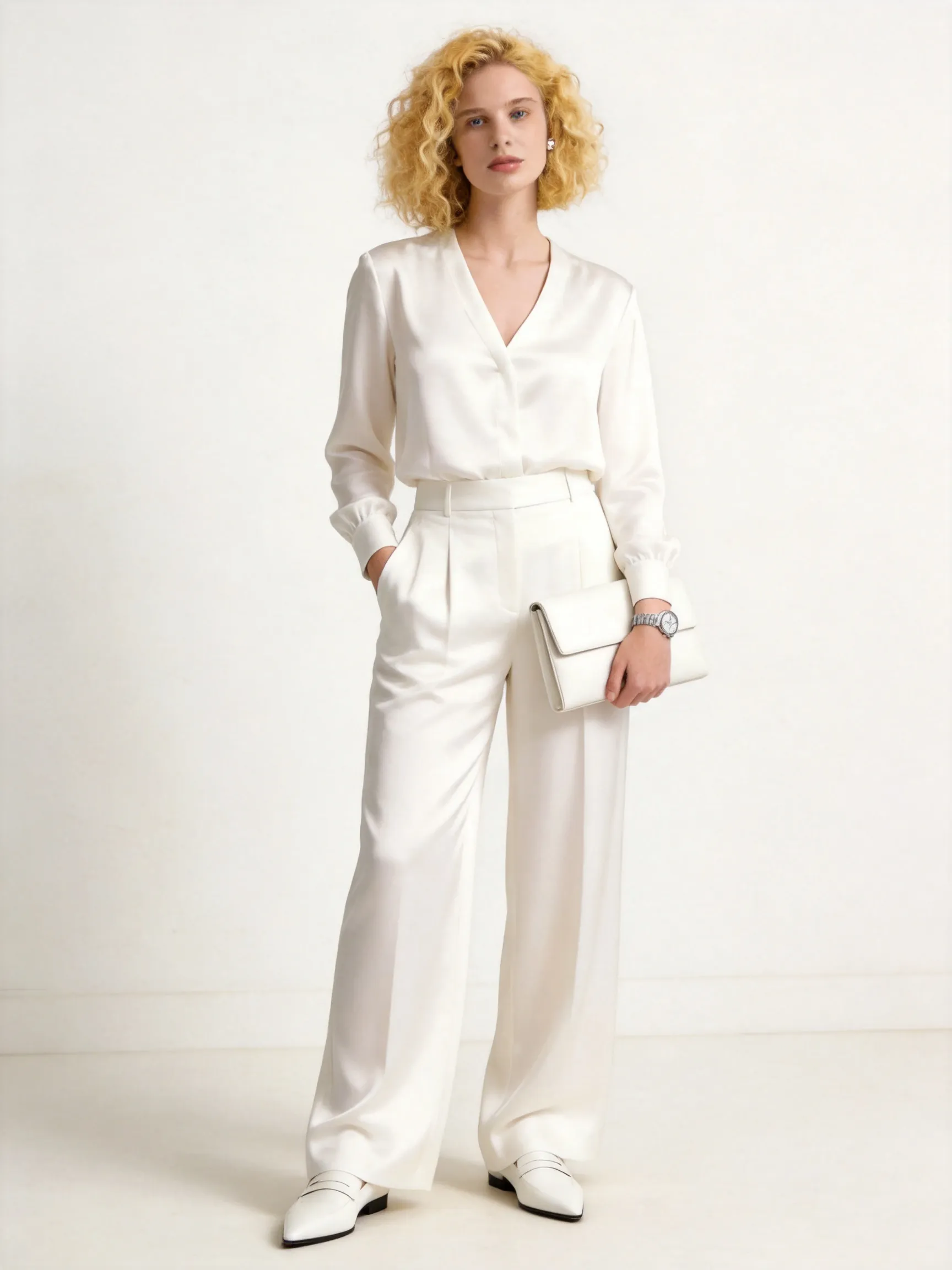 A professional, high-end studio photograph, in a 3:4 aspect ratio, capturing a full-body view of the woman from image_0.png, standing confidently and facing the camera. She maintains her distinct golden-blonde curly hair and facial features. Her pose is full-length, similar to the direct and confident stance seen in image_1.png, but she is wearing an all-white, sophisticated, fluid satin ensemble, inspired by the style of image_0.png: a white silk V-neck long-sleeve blouse and high-waisted, wide-leg white trousers that drape elegantly. She wears sleek white leather pointed-toe loafers. One hand is casually placed in her trouser pocket, and she holds a minimalist, structured white leather clutch bag. On her wrist, she wears a simple, elegant silver-toned watch and small diamond stud earrings. The background is a clean, minimalist, seamless off-white/cream textured studio wall, consistent with the soft, even lighting and color tone of image_0.png. The focus is sharp on the full figure, with a deep depth of field. The overall aesthetic is one of refined, minimalist, old-money luxury, executed in a monochromatic white palette. The scene is lit with soft, diffused studio light, creating no harsh shadows.