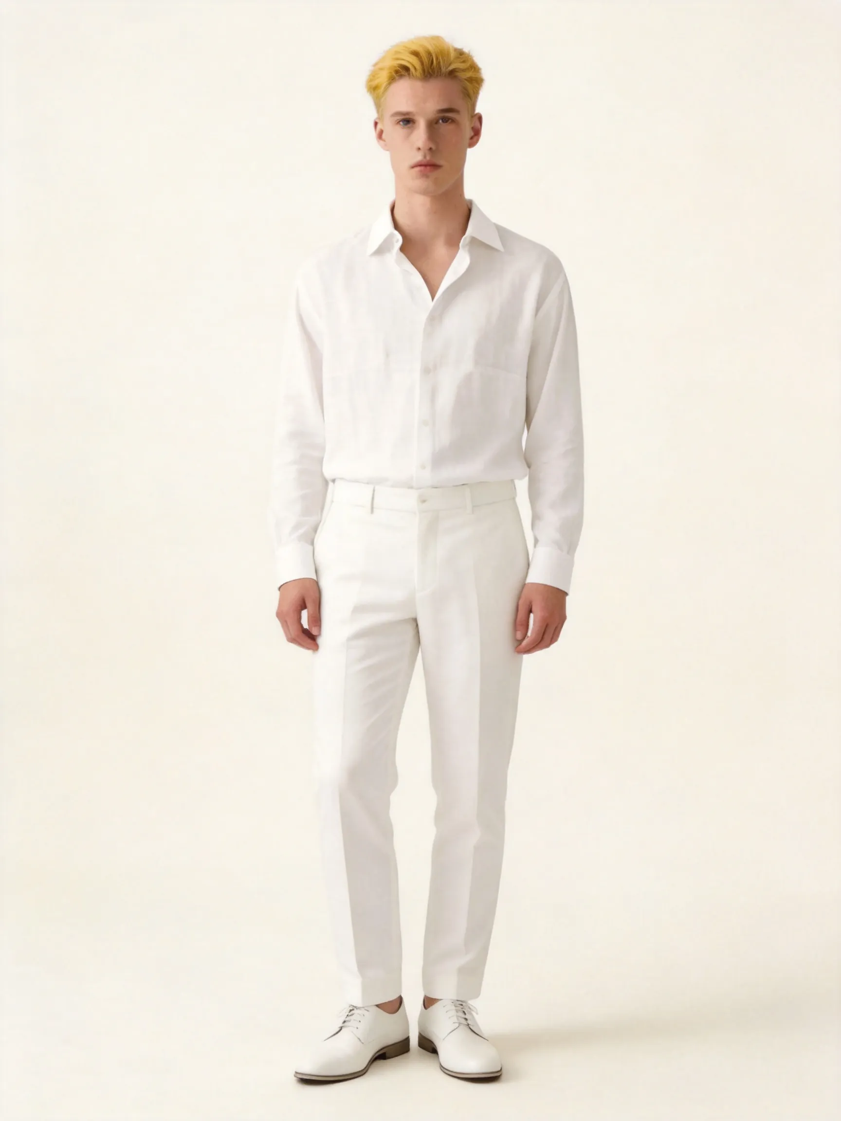 Full body shot of the man from the reference image, standing in a natural and relaxed full-length posture. He features his distinctive short, bright golden-blonde hair and calm facial features. He is wearing a sophisticated all-white monochromatic outfit: a premium casual white button-up shirt with an open collar, paired with matching well-tailored white trousers and clean white leather shoes, maintaining a luxurious, clean, and minimalist aesthetic. The background is a plain, seamless studio backdrop in a soft off-white/cream hue with gentle diffused lighting, keeping the environment and color tone completely consistent with the reference image. High-end fashion editorial photography style, sharp focus, 8k resolution, photorealistic --ar 3:4 --v 6.0