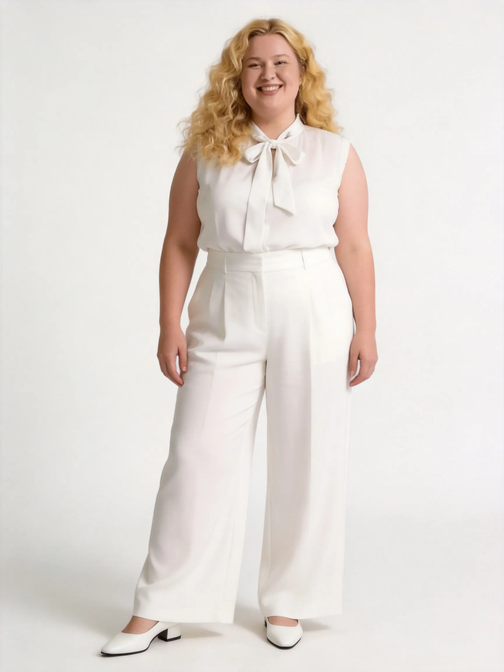 Full body shot of the woman from the reference image, standing in a natural, confident and elegant full-length posture with a warm smile. She features her distinctive voluminous, wavy golden-blonde hair and cheerful facial features. She is wearing a sophisticated and flattering all-white monochromatic ensemble: an elegant white sleeveless blouse featuring a beautiful pussy-bow necktie, paired with matching high-waisted, fluid wide-leg white trousers that drape beautifully, and elegant white leather low-heel shoes, maintaining a highly luxurious, clean, and minimalist aesthetic. The background is a clean, plain, seamless studio backdrop in a bright, soft off-white hue with gentle diffused lighting, keeping the environment and pure color tone completely consistent with the reference image. High-end fashion editorial photography style, sharp focus, 8k resolution, photorealistic --ar 3:4 --v 6.0