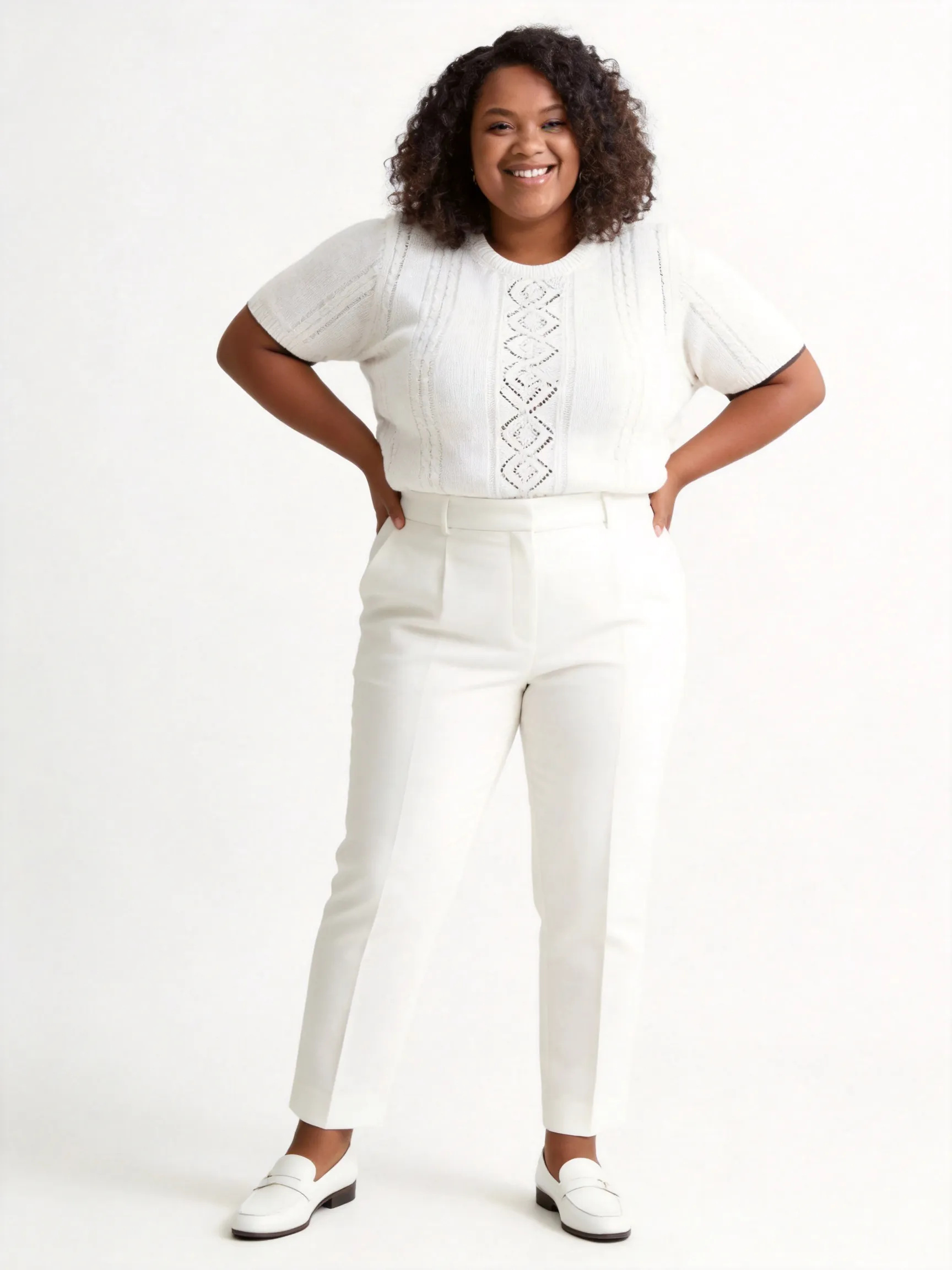 Full body shot of the woman from the reference image, standing in a natural, confident and elegant full-length posture with a vibrant, joyful smile. She features her distinctive voluminous curly black hair and warm, expressive facial features. She is wearing a sophisticated all-white monochromatic ensemble: a premium white textured knit sweater with subtle pointelle and cable details, beautifully paired with matching high-waisted, tailored white trousers and clean white leather loafers, maintaining a cozy, luxurious, and clean aesthetic. The background is a plain, seamless studio backdrop in a bright, soft off-white hue with gentle diffused lighting, keeping the environment and pure color tone completely consistent with the reference image. High-end fashion editorial photography style, sharp focus, 8k resolution, photorealistic --ar 3:4 --v 6.0