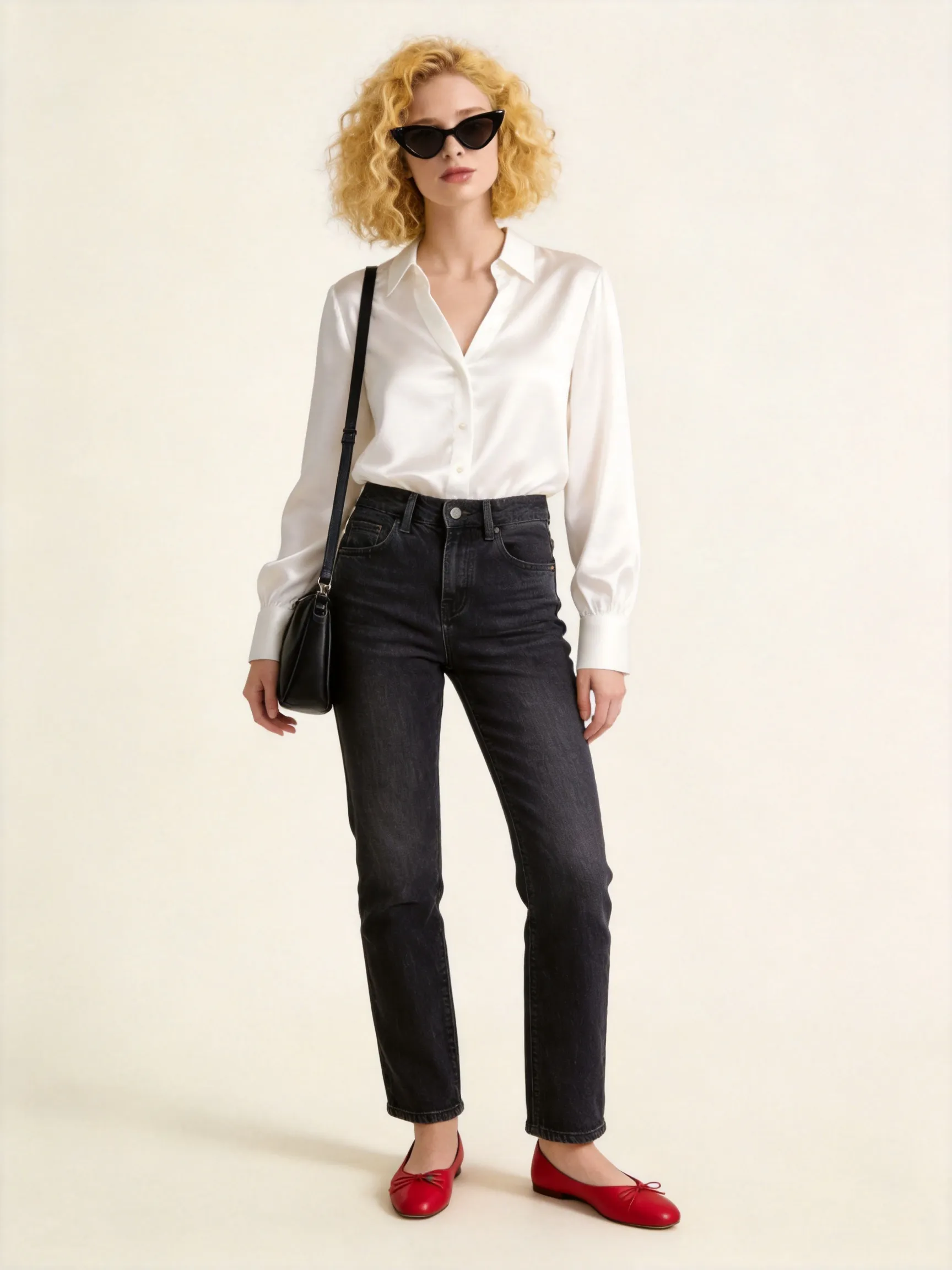 Full-body fashion photo of the identical female model, keeping same face, hair, body proportions, and pose. She wears a crisp womens white silk button-down blouse neatly tucked into high-waisted dark denim jeans, paired with red leather ballet flats, carrying a black leather shoulder bag, and wearing black cat-eye sunglasses. Natural studio lighting, realistic clothing wrinkles, shot on a clean solid cream background.