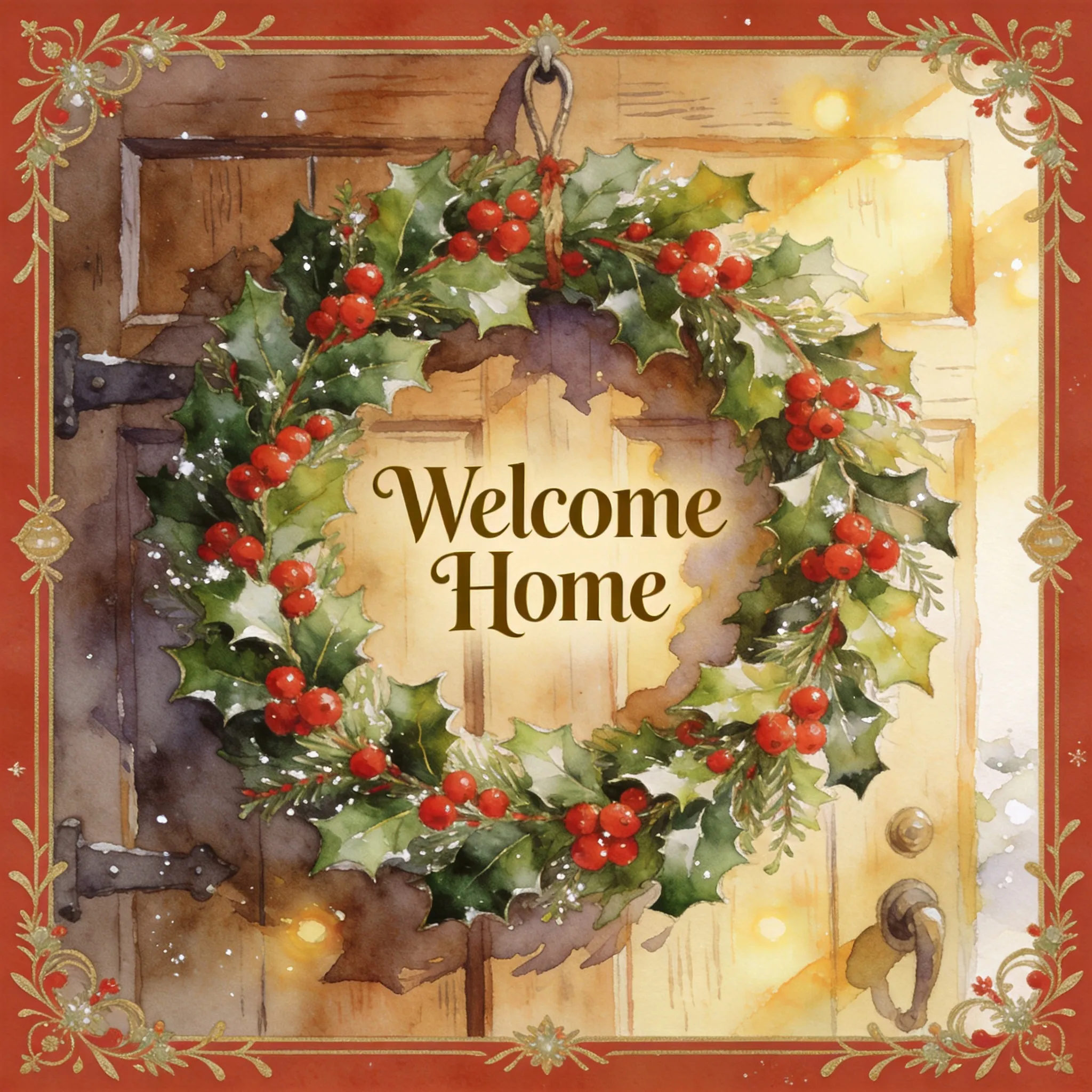 A charming Christmas greeting card design, a festive holly wreath hanging on a rustic wooden door, red berries and green leaves beautifully arranged, a small elegant sign in the center reading "Welcome Home", warm holiday atmosphere, soft golden lighting, cozy winter mood, decorative border elements, premium greeting card layout, watercolor and illustration inspired details, elegant typography placement, Hallmark card style, print-ready design, highly detailed, festive Christmas aesthetic