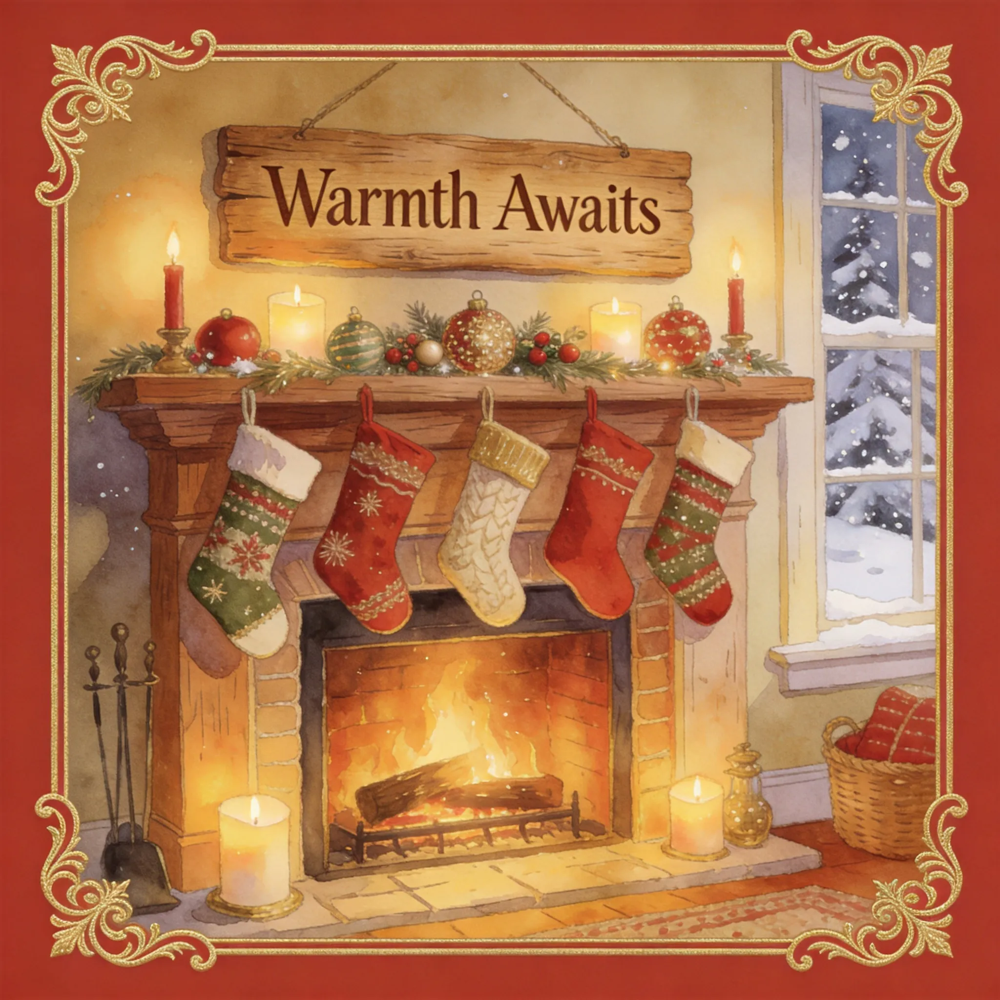 A cozy winter greeting card design, a warm fireplace decorated with hanging Christmas stockings, wooden mantel with festive ornaments, a rustic wooden sign above the fireplace displaying "Warmth Awaits", soft candlelight and golden glow, snow visible through the window, charming holiday atmosphere, decorative card border, elegant typography space, premium holiday card layout, Hallmark greeting card style, highly detailed illustration