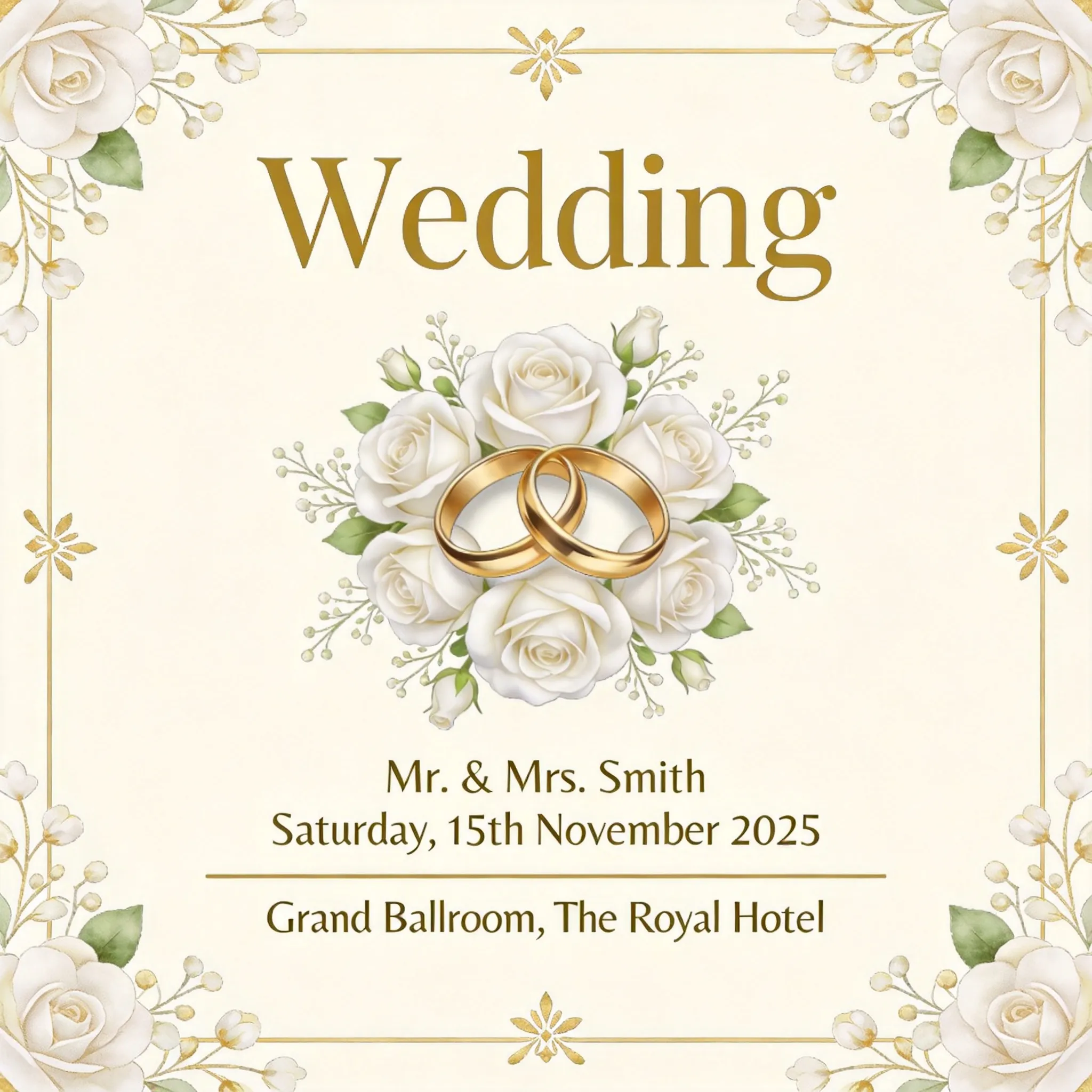An elegant wedding invitation card design, intertwined golden wedding rings surrounded by white roses and delicate greenery, luxurious floral frame, soft ivory background, romantic atmosphere, premium stationery aesthetic, sophisticated typography layout featuring the word "Wedding", gold foil details, luxury wedding branding style, balanced composition, fine art invitation design, print-ready, timeless elegance