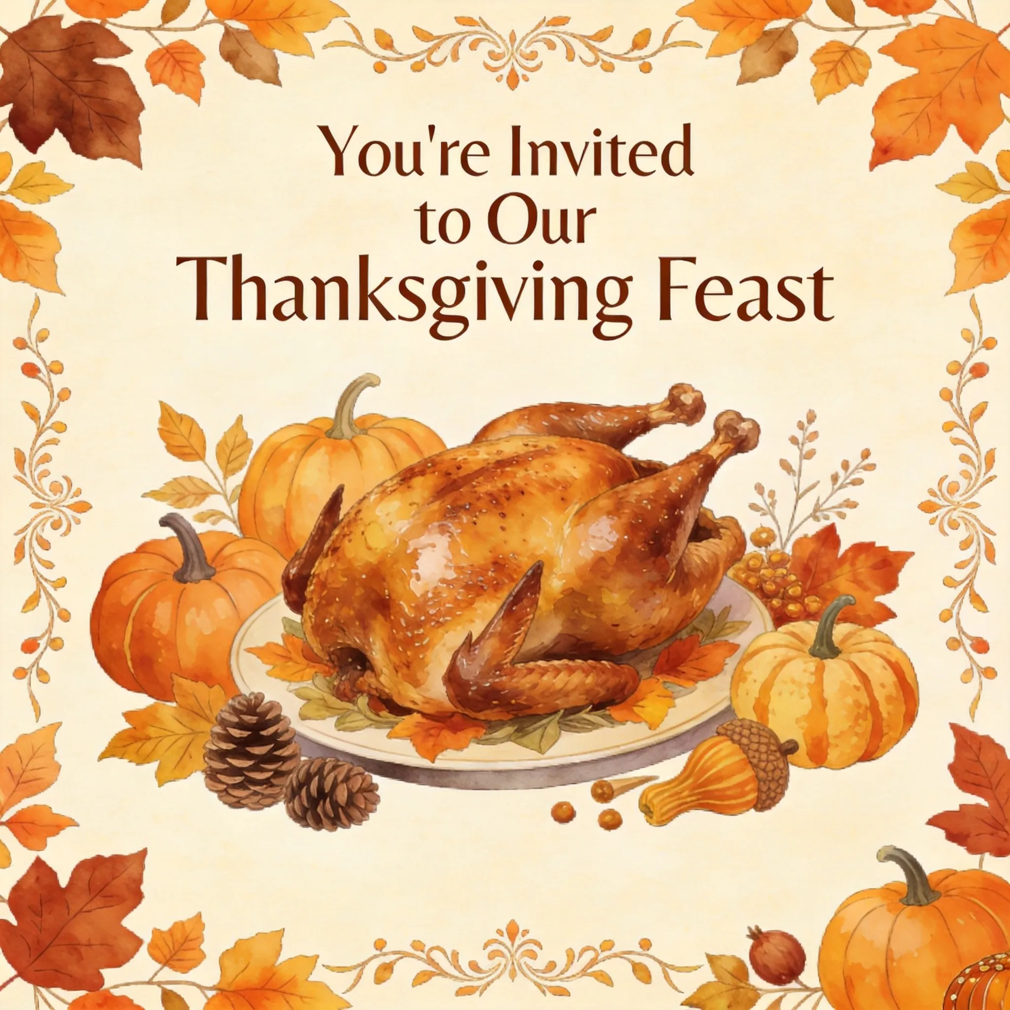 A warm Thanksgiving invitation card design, roasted turkey centerpiece surrounded by pumpkins, autumn leaves, pinecones, and seasonal harvest decorations, rich orange and golden color palette, rustic farmhouse aesthetic, cozy family gathering atmosphere, elegant typography displaying "You're Invited to Our Thanksgiving Feast", decorative autumn border, premium invitation layout, print-ready greeting card design, highly detailed festive illustration