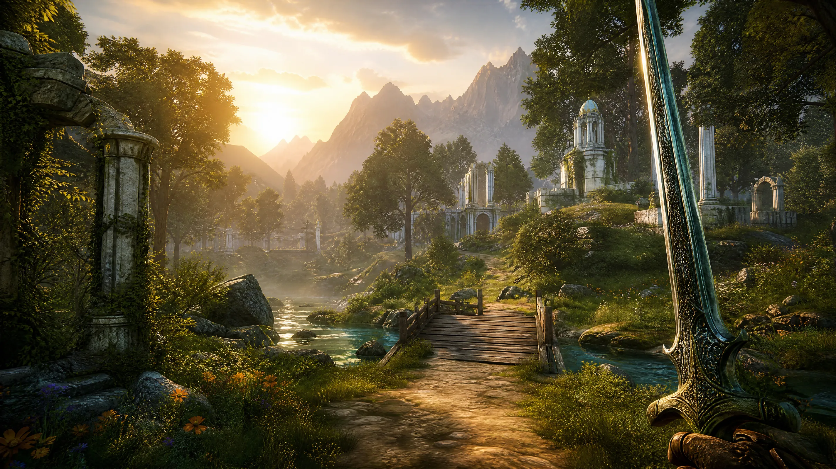 Fantasy landscape in the style of Elder Scrolls IV: Oblivion, lush forests with tall oak trees, rolling green hills dotted with wildflowers, medieval stone ruins overgrown with ivy, Ayleid ruins with white marble and golden accents, soft volumetric lighting filtering through morning mist, distant jagged mountains, a dirt path leading to a weathered wooden bridge over a crystal-clear stream, warm golden sunrise, saturated colors with soft bloom effect, first-person RPG adventure atmosphere, concept art, high fantasy aesthetic.
