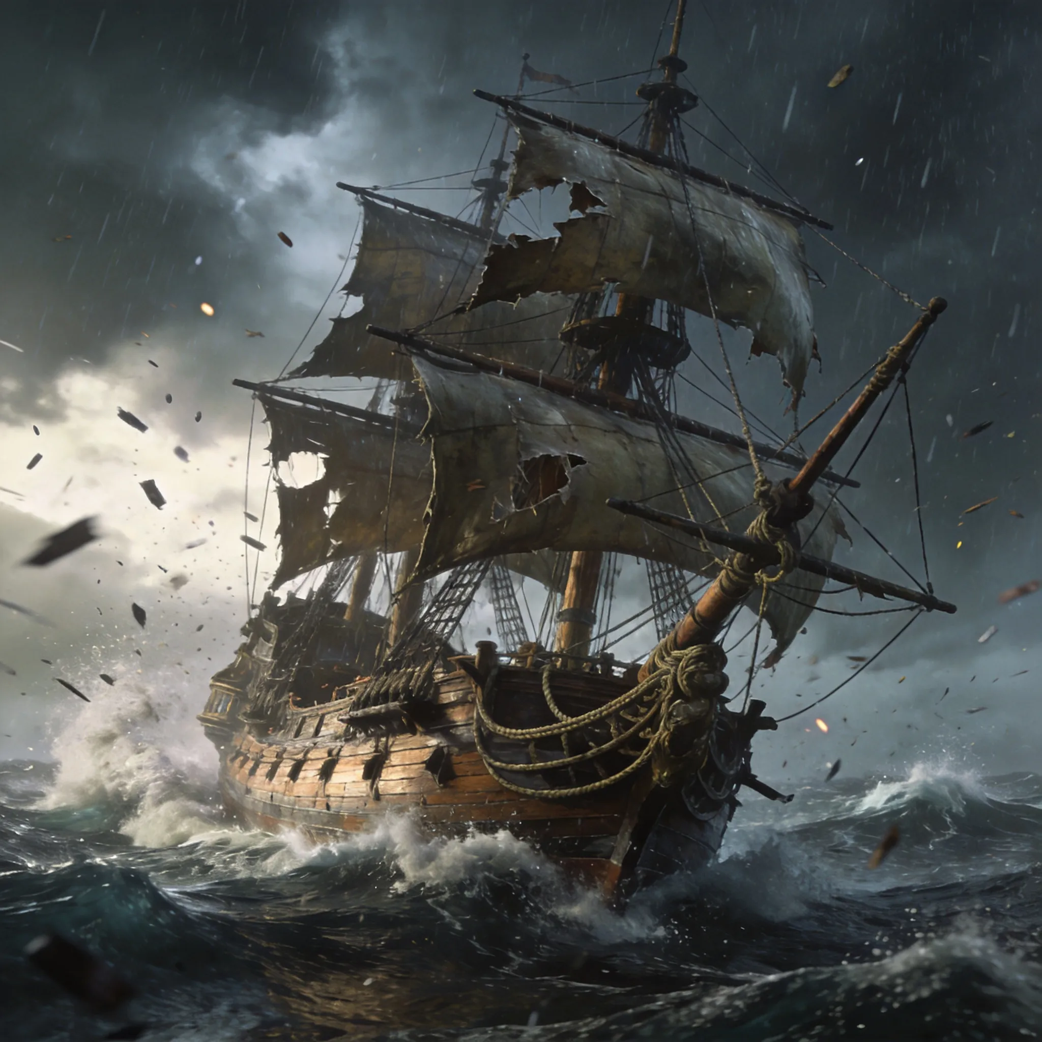 A highly detailed 3D sailing ship model battling a violent storm, realistic wooden hull construction, detailed sails and rigging system, dynamic ocean waves, cinematic storm lighting, realistic weather effects, game-ready naval asset, high polygon modeling, PBR wood materials, realistic rope details, Unreal Engine 5 render, Blender Cycles, ArtStation quality, dramatic composition, studio-quality environment rendering, ultra detailed 3D asset showcase, 8K