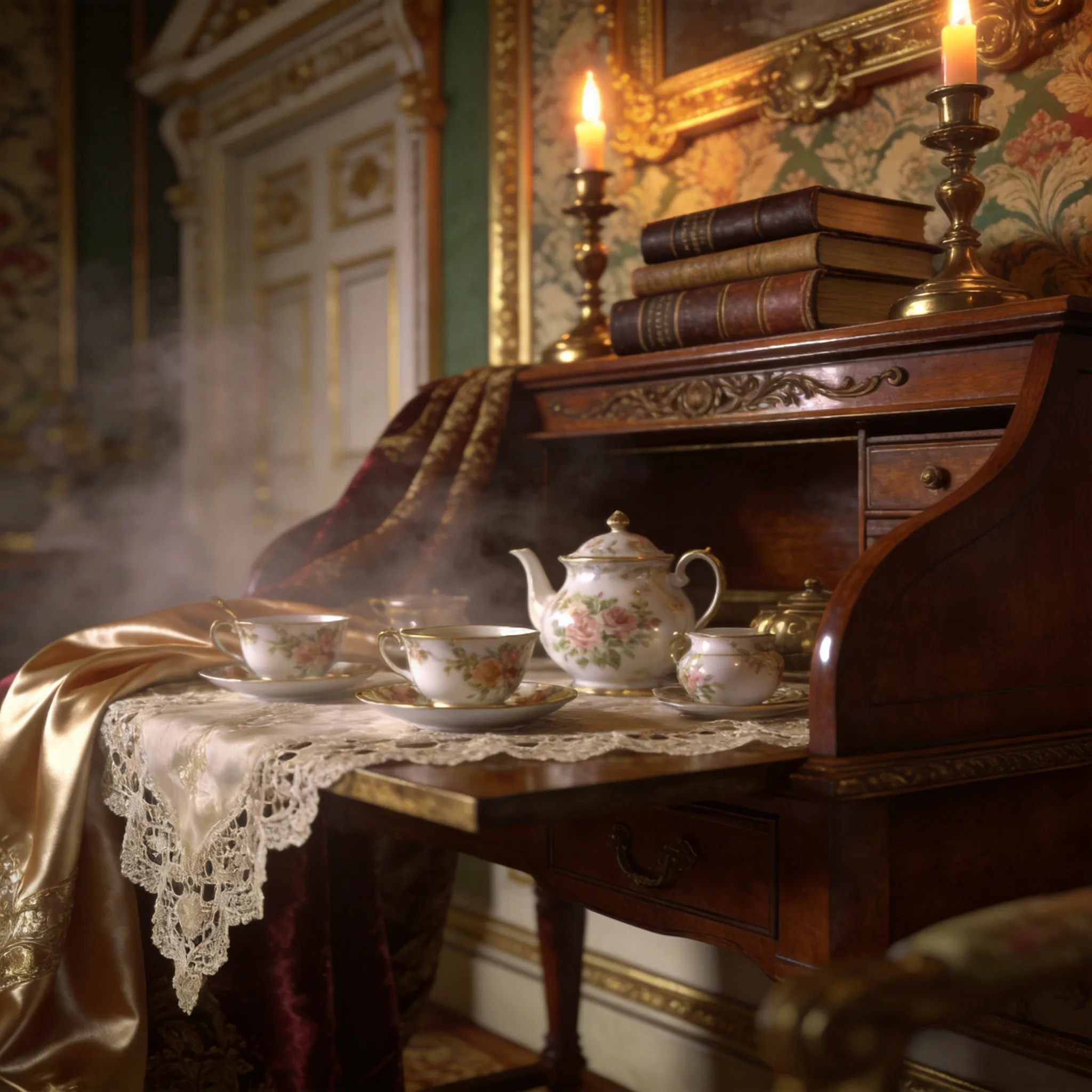 A Victorian-era interior still life rendered as a realistic 3D scene, antique furniture, vintage books, brass candle holders, porcelain tea set, realistic fabric draping, detailed wood carvings, physically based materials, cinematic interior lighting, photorealistic rendering, high polygon asset creation, Unreal Engine 5 environment, Blender Cycles render, architectural visualization quality, luxury historical scene, ultra detailed 3D environment showcase, 8K