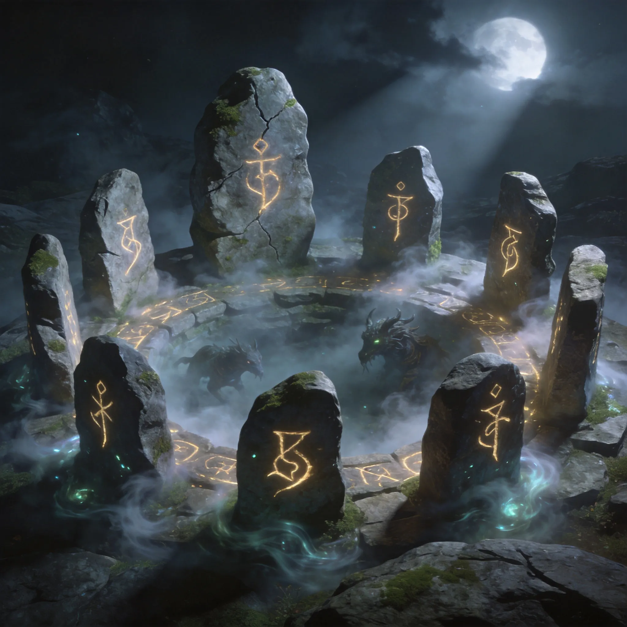 A mysterious ancient stone circle rendered as a premium 3D environment asset, weathered standing stones covered with glowing runes, magical mist surrounding the area, fantasy creatures hidden among the fog, realistic rock textures, cinematic fantasy lighting, PBR stone materials, high polygon environment design, Unreal Engine 5 fantasy world, volumetric fog effects, game-ready fantasy asset, ArtStation portfolio quality, ultra detailed 3D scene visualization, 8K