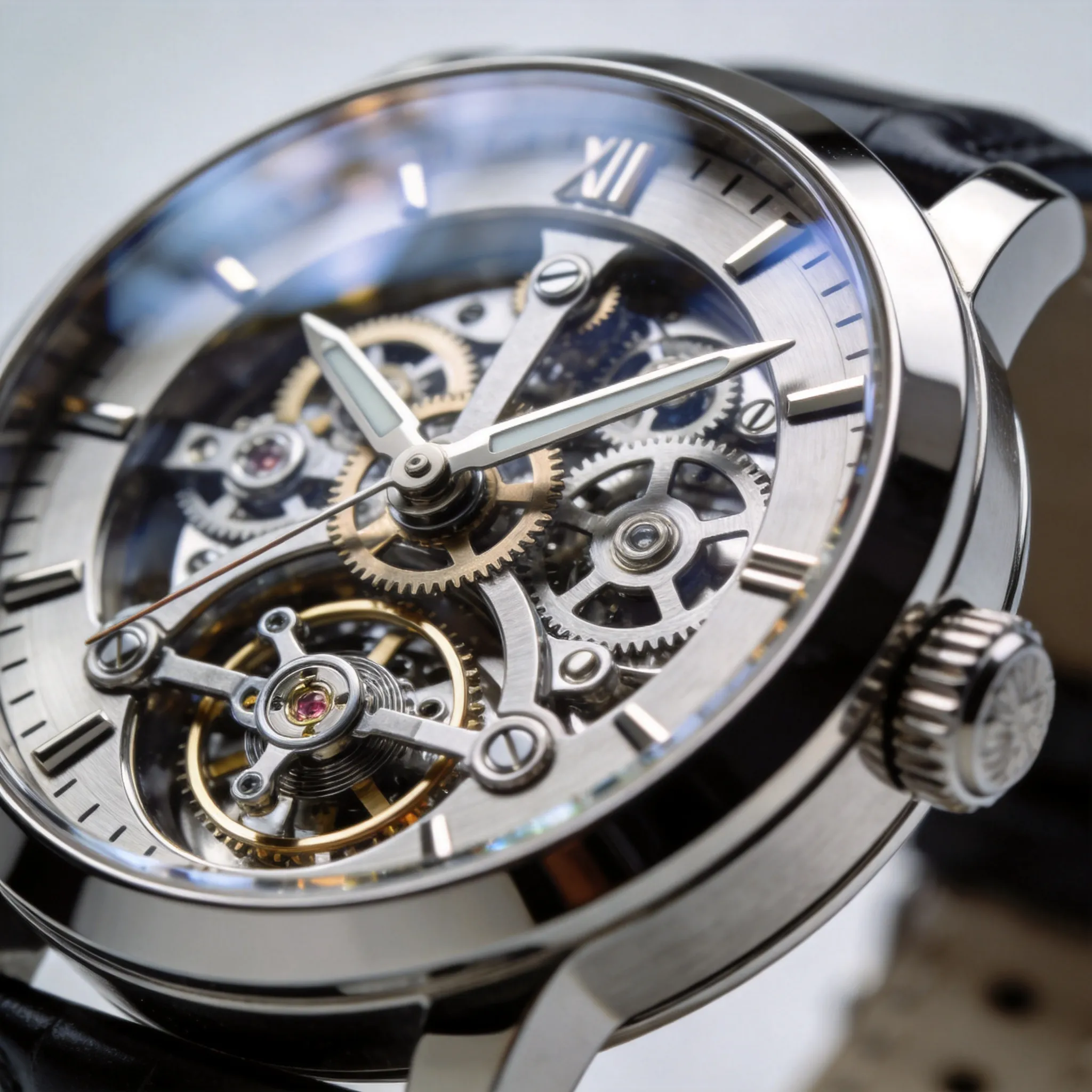 A luxury mechanical wristwatch 3D product showcase, premium stainless steel and sapphire crystal materials, exposed tourbillon mechanism, ultra precise gears and moving parts, realistic reflections and refractions, macro product visualization, studio lighting setup, photorealistic PBR materials, high polygon modeling, luxury industrial design, Octane Render, Blender Cycles, product marketing render, commercial advertisement quality, ultra detailed mechanical craftsmanship, 8K
