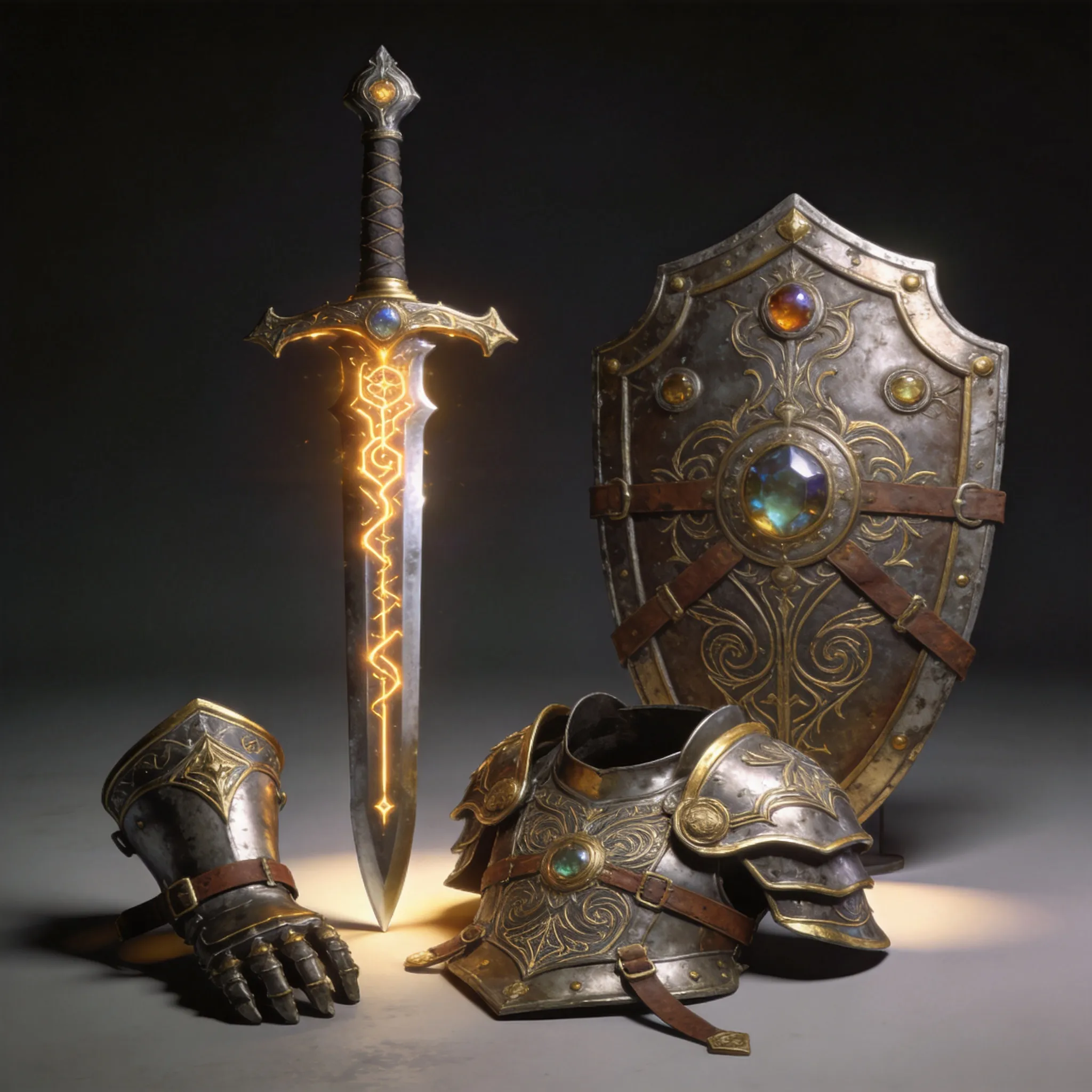 A fantasy game character equipment set rendered as a premium 3D asset collection, legendary sword, enchanted shield, magical armor pieces, stylized fantasy weapon design, game-ready topology, detailed hard-surface modeling, realistic metal and leather materials, PBR textures, Unreal Engine 5 asset showcase, RPG game item design, high polygon modeling, ArtStation portfolio quality, dramatic studio lighting, collectible game asset presentation, ultra detailed fantasy equipment render, 8K