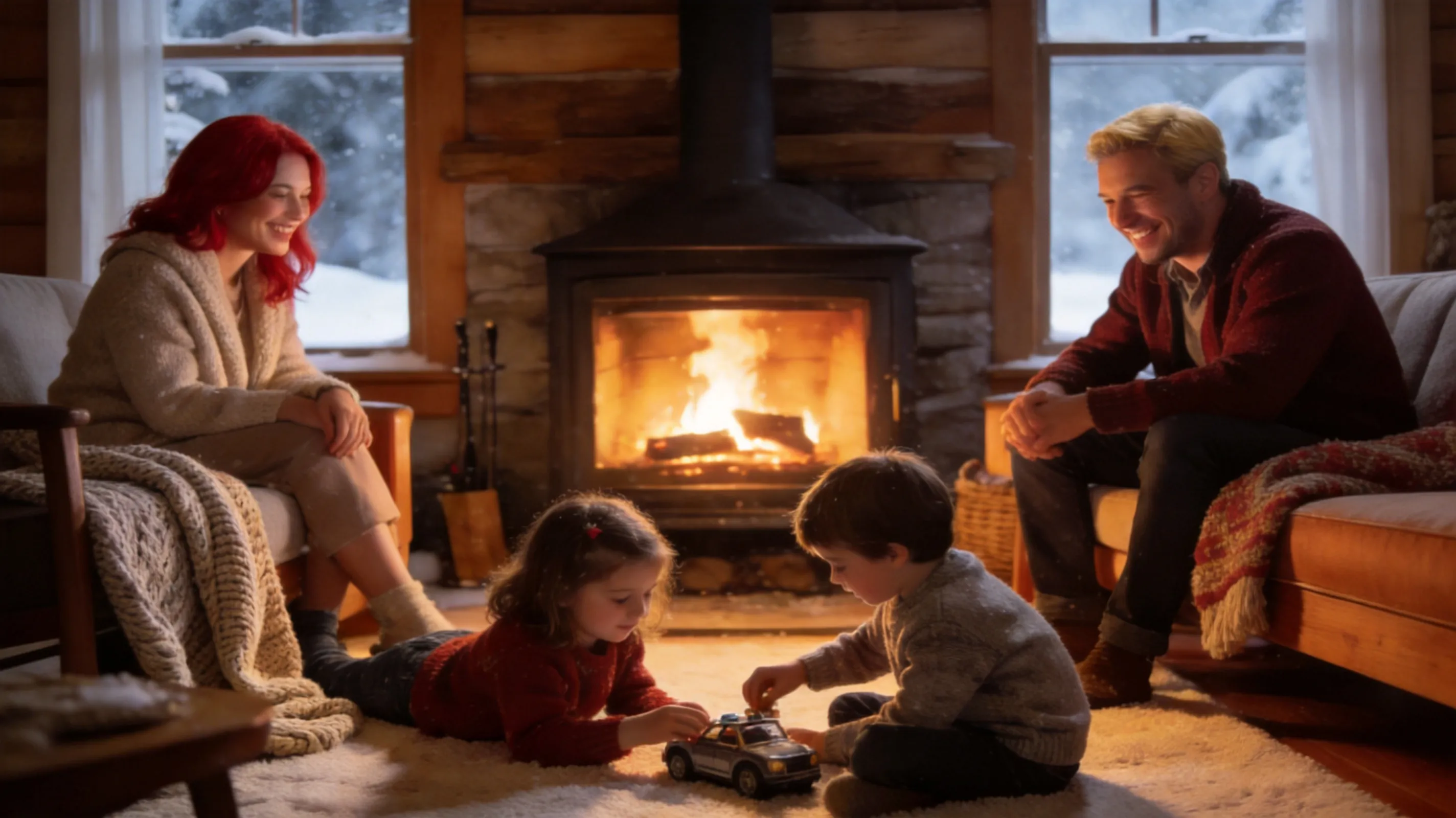 **Remove the snowflakes from the room. Change the father's hair to blonde, the mother's hair to red, and replace the child's toy with a toy car. Keep all other details unchanged.**