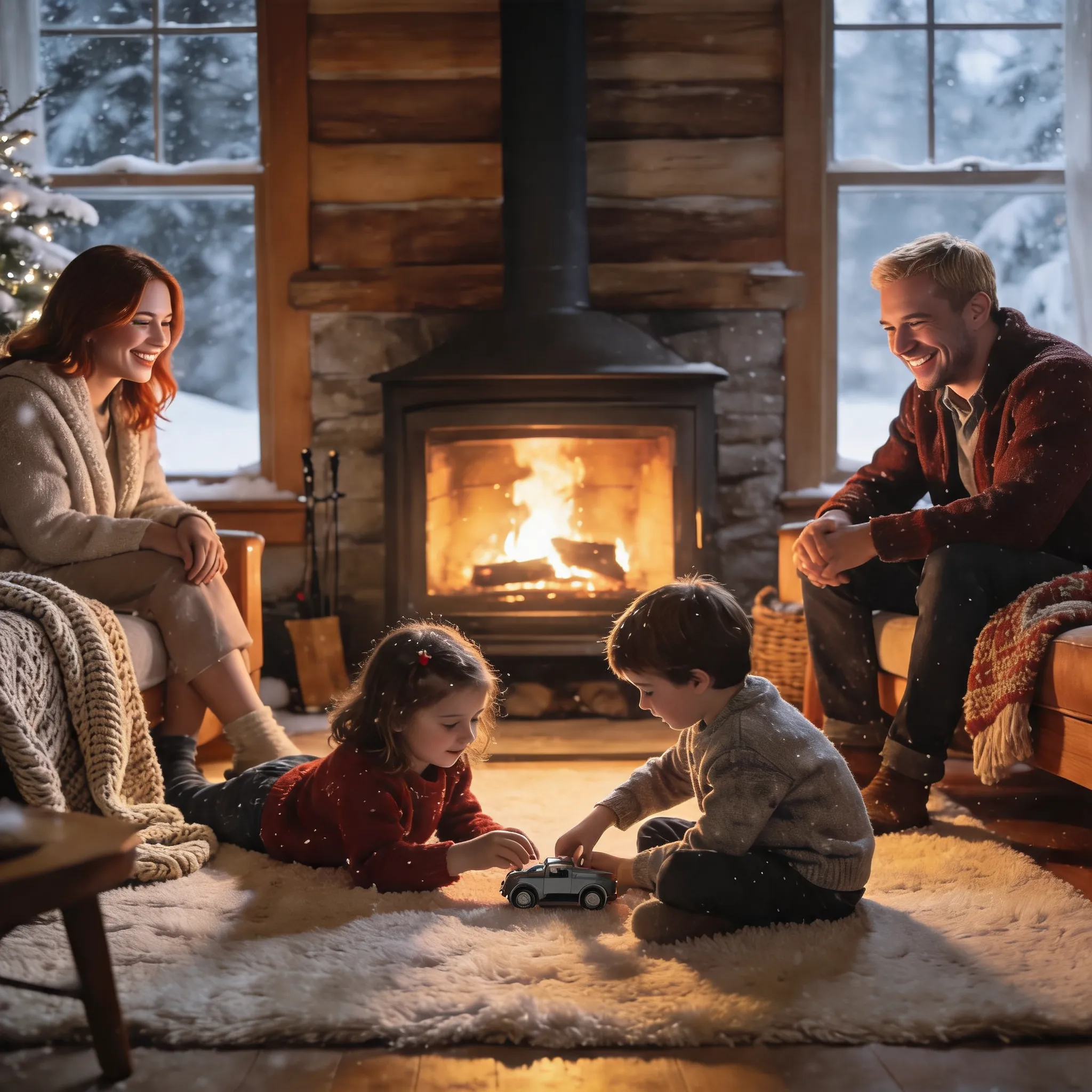 **Remove the snowflakes from the room. Change the father's hair to blonde, the mother's hair to red, and replace the child's toy with a toy car. Keep all other details unchanged.**