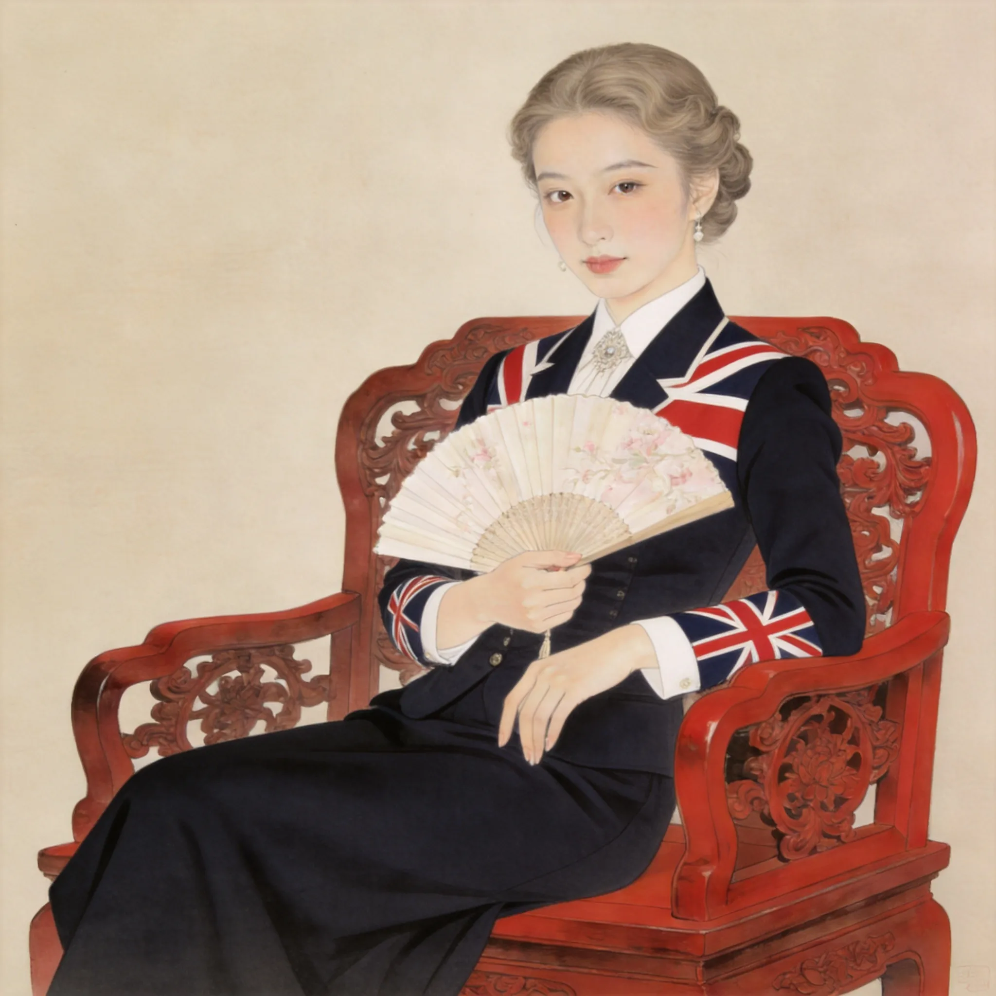 **Transform the woman into a British-style character, including both her facial features and clothing. Keep the overall composition unchanged.**