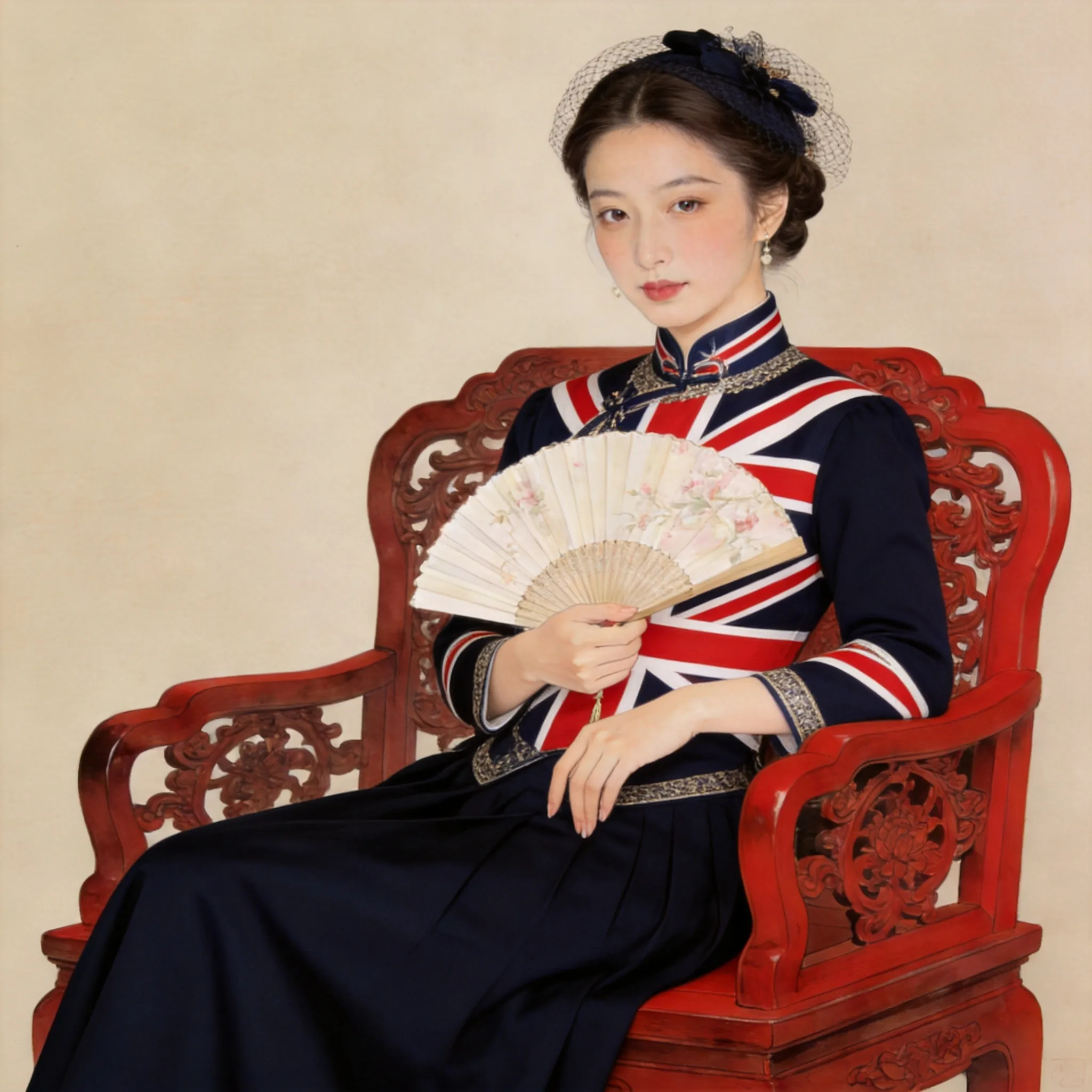 **Transform the woman into a British-style character, including both her facial features and clothing. Keep the overall composition unchanged.**