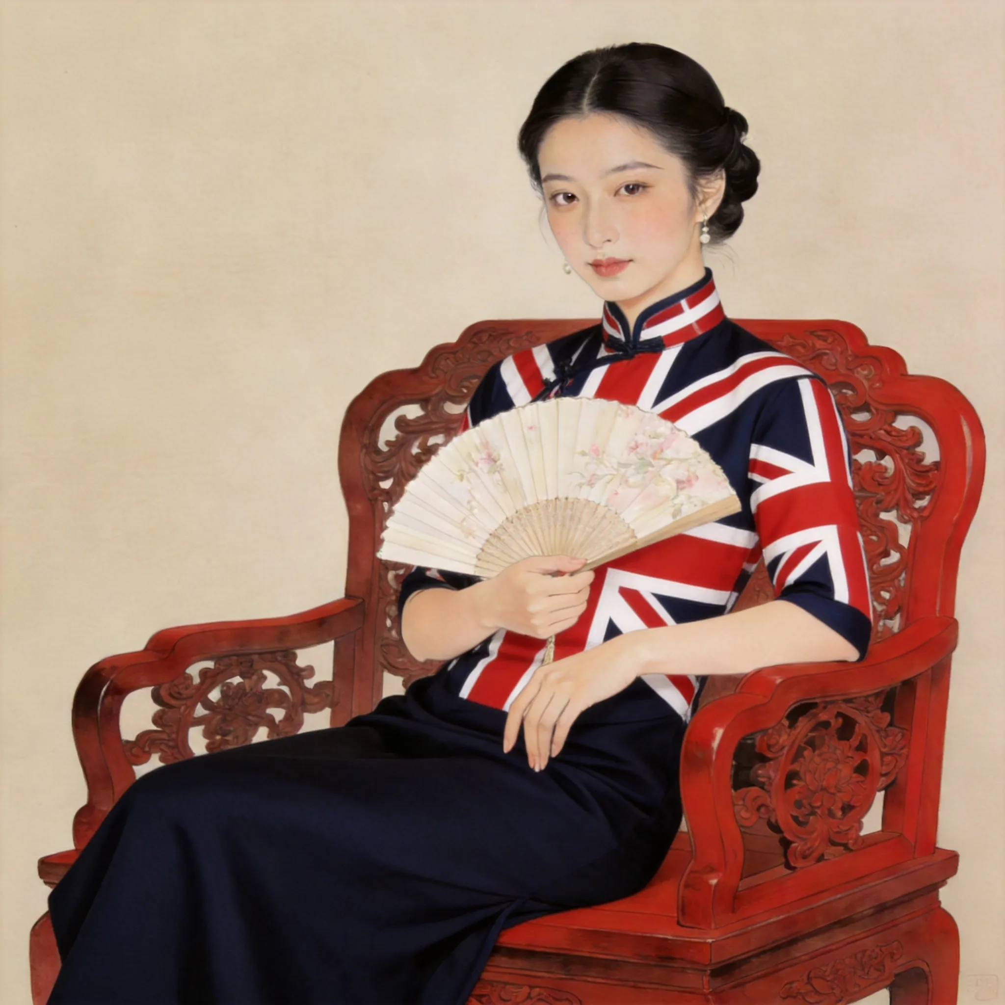 **Transform the woman into a British-style character, including both her facial features and clothing. Keep the overall composition unchanged.**